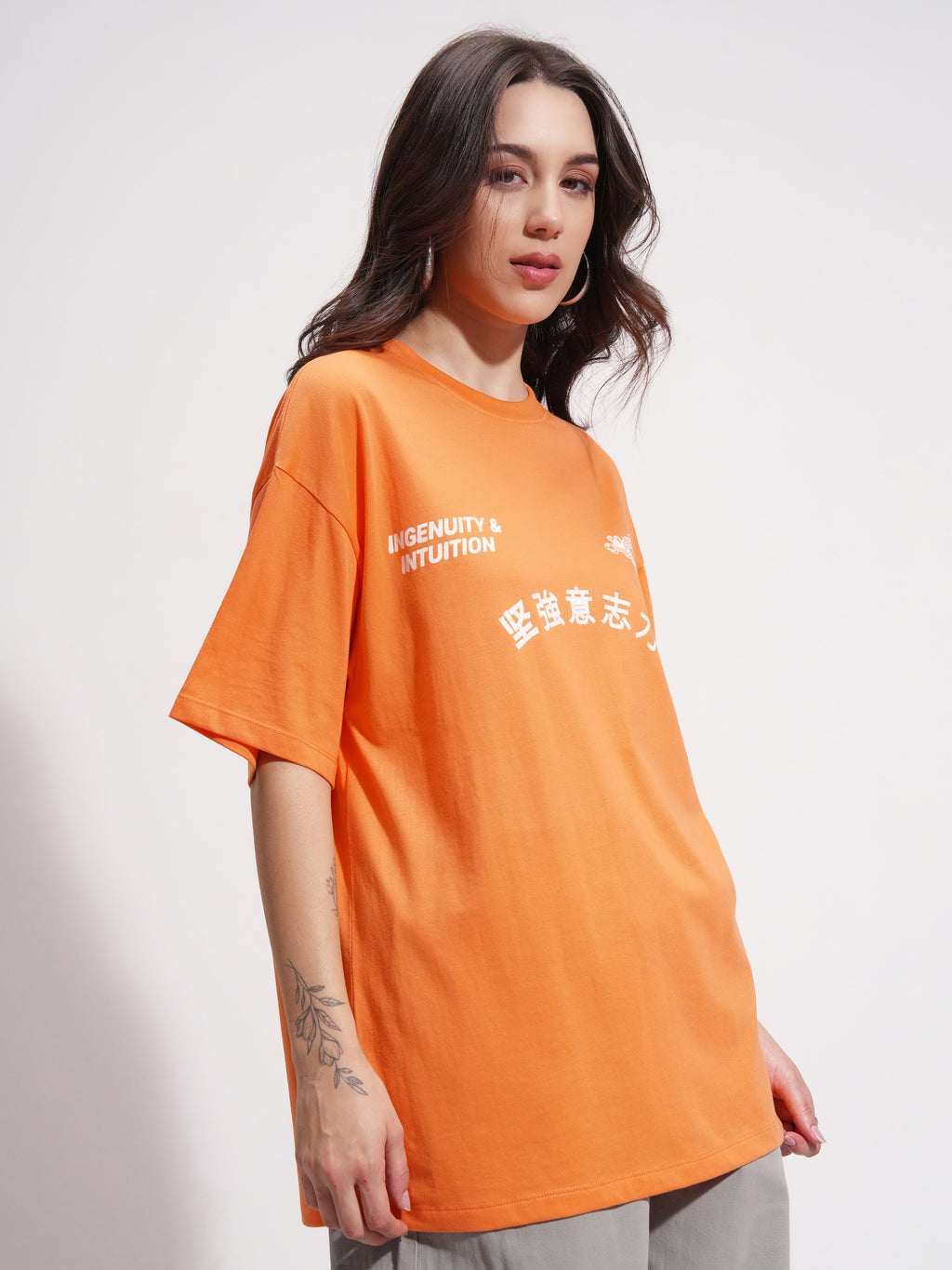 Tokyo Talkies Women Orange Printed Round Neck Oversized Fit T-Shirt - Orange - Image 6