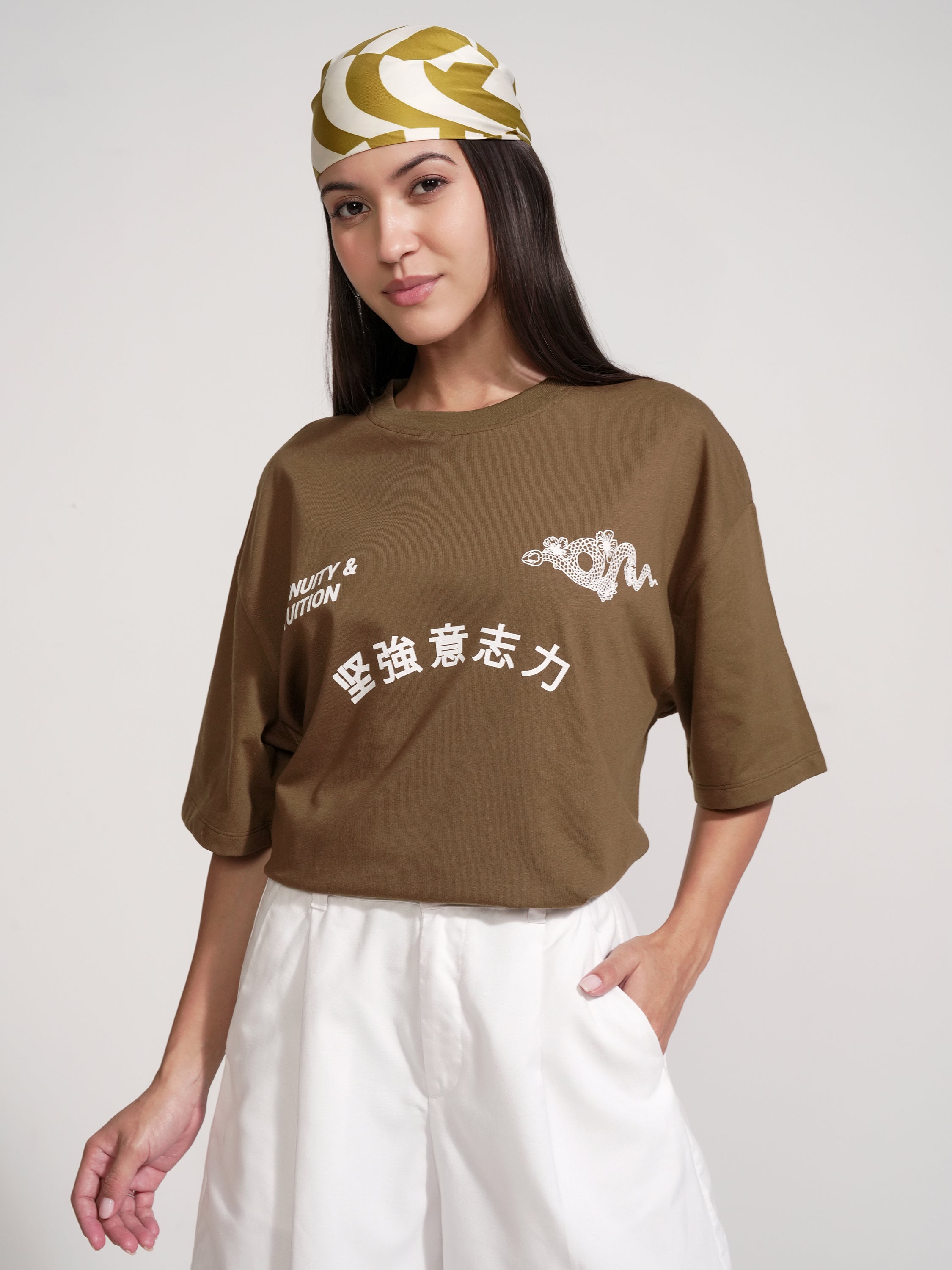 Tokyo Talkies Women Brown Printed Round Neck Oversized Fit T-Shirt - Brown - Image 3