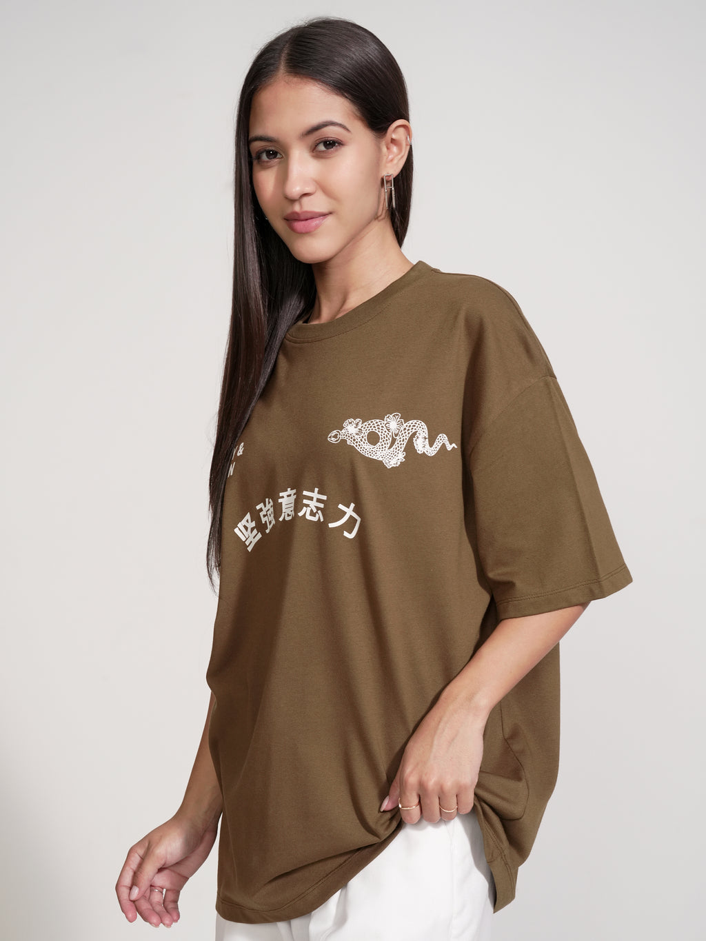 Tokyo Talkies Women Brown Printed Round Neck Oversized Fit T-Shirt - Brown - Image 4