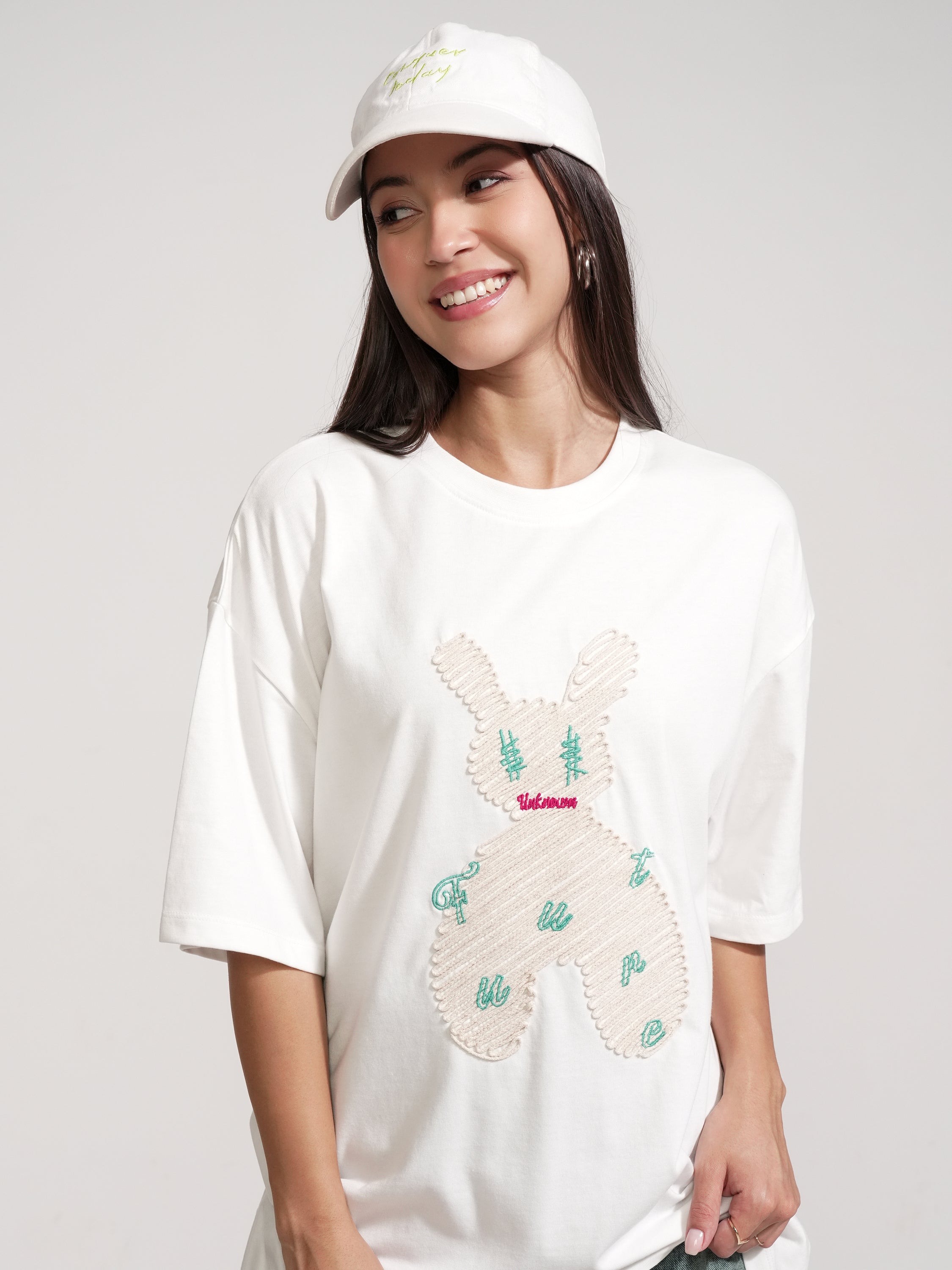 Tokyo Talkies Women White Applique Round Neck Oversized Fit T-Shirt - White - Image 1