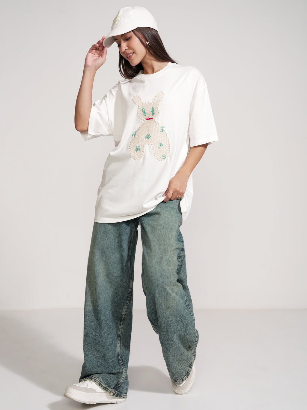 Tokyo Talkies Women White Applique Round Neck Oversized Fit T-Shirt - White - Image 2