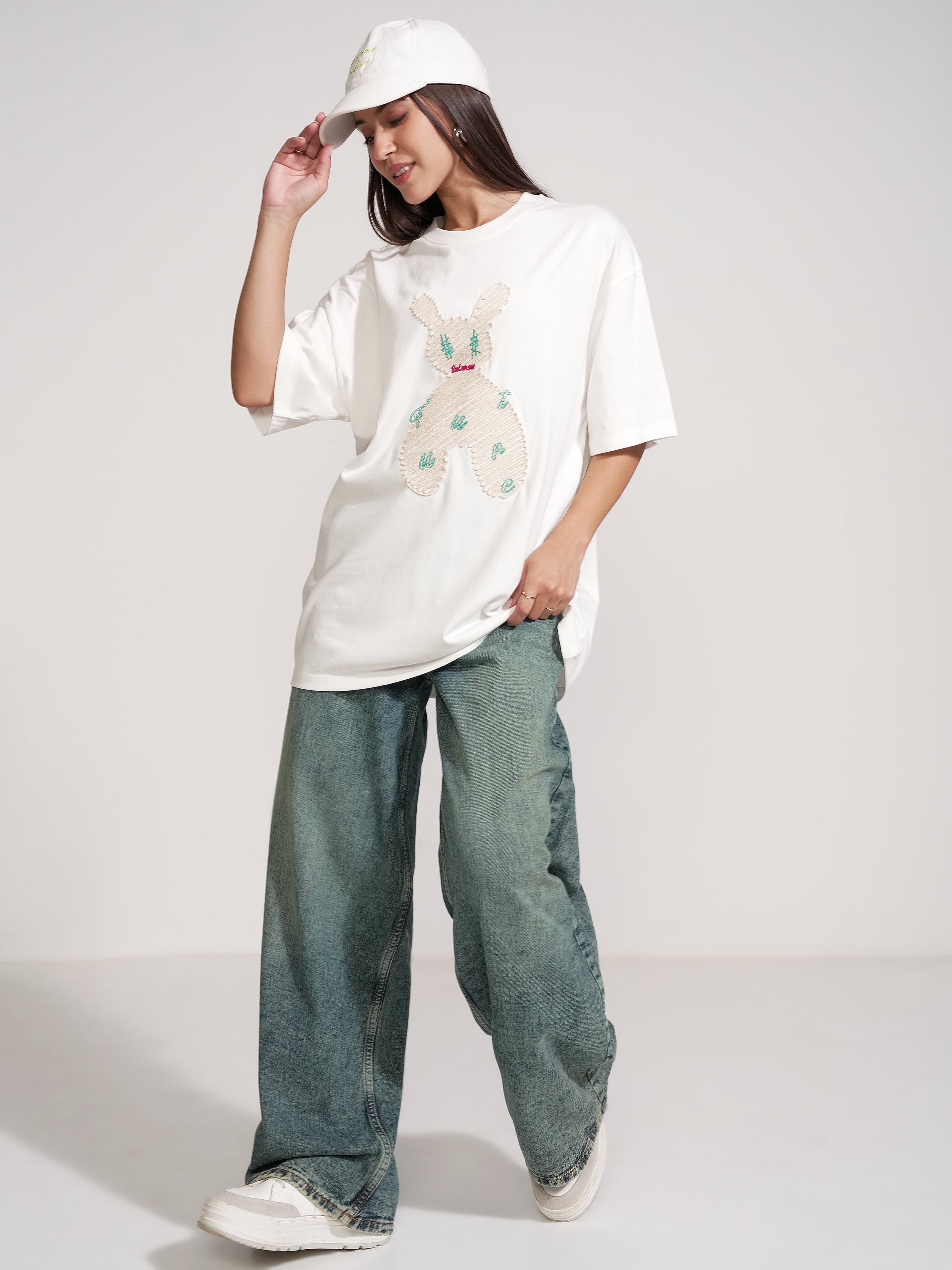 Tokyo Talkies Women White Applique Round Neck Oversized Fit T-Shirt - White - Image 2