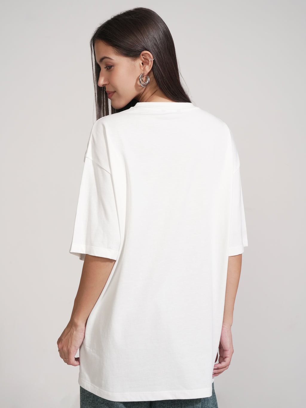 Tokyo Talkies Women White Applique Round Neck Oversized Fit T-Shirt - White - Image 3