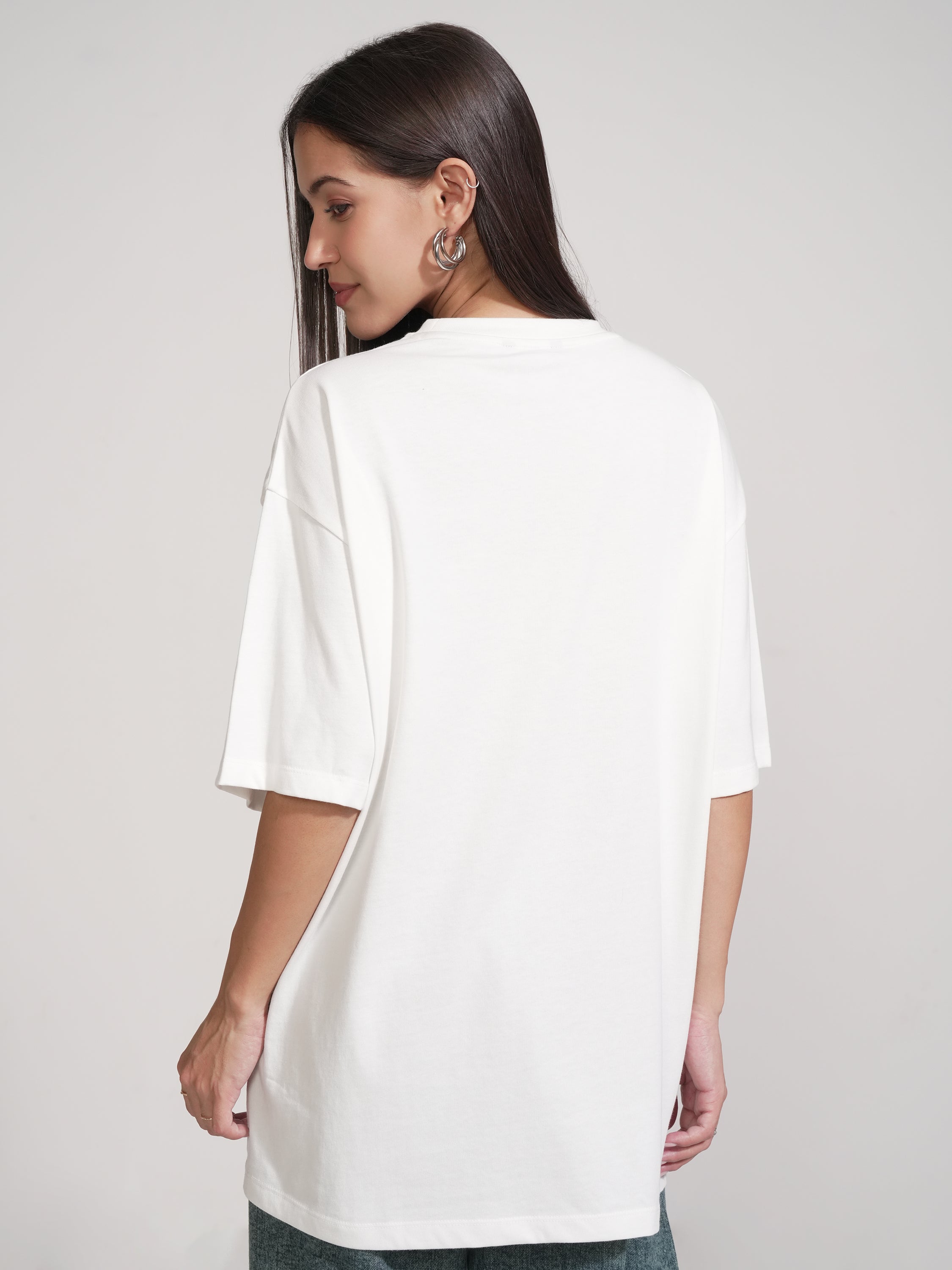 Tokyo Talkies Women White Applique Round Neck Oversized Fit T-Shirt - White - Image 3