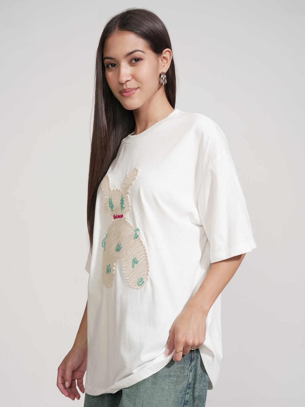 Tokyo Talkies Women White Applique Round Neck Oversized Fit T-Shirt - White - Image 4