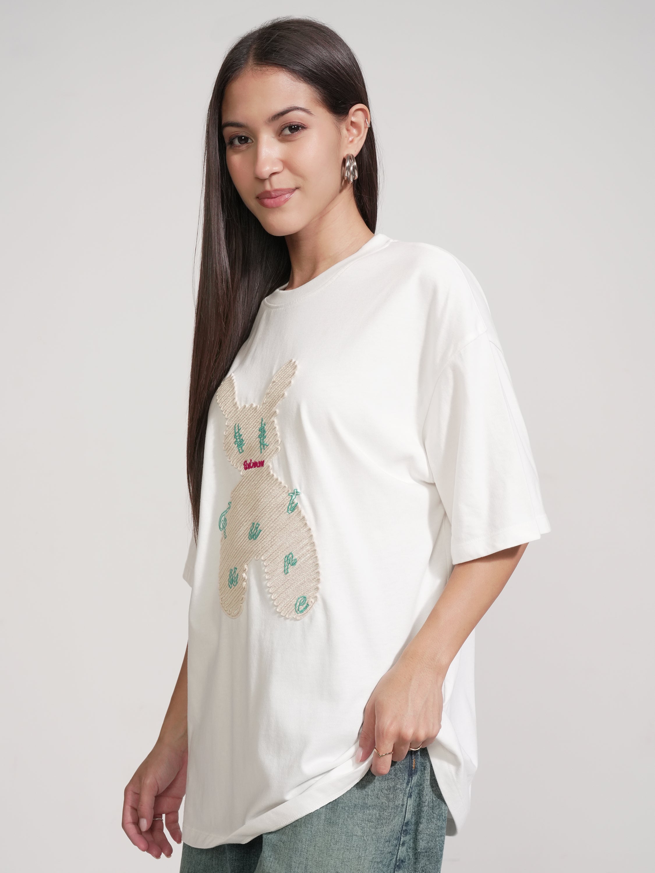 Tokyo Talkies Women White Applique Round Neck Oversized Fit T-Shirt - White - Image 4