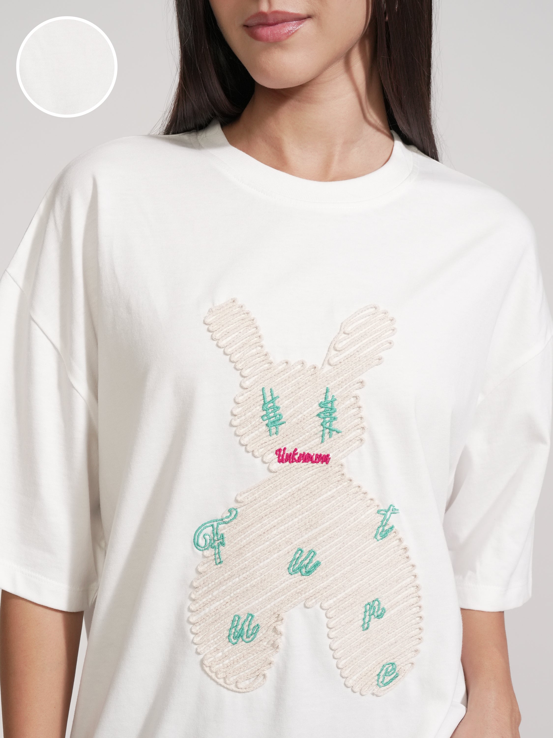 Tokyo Talkies Women White Applique Round Neck Oversized Fit T-Shirt - White - Image 5