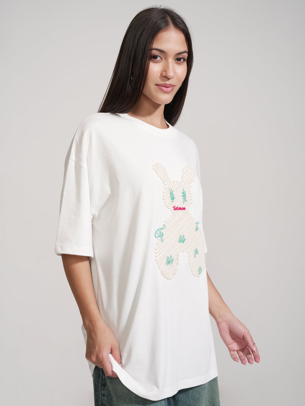 Tokyo Talkies Women White Applique Round Neck Oversized Fit T-Shirt - White - Image 6