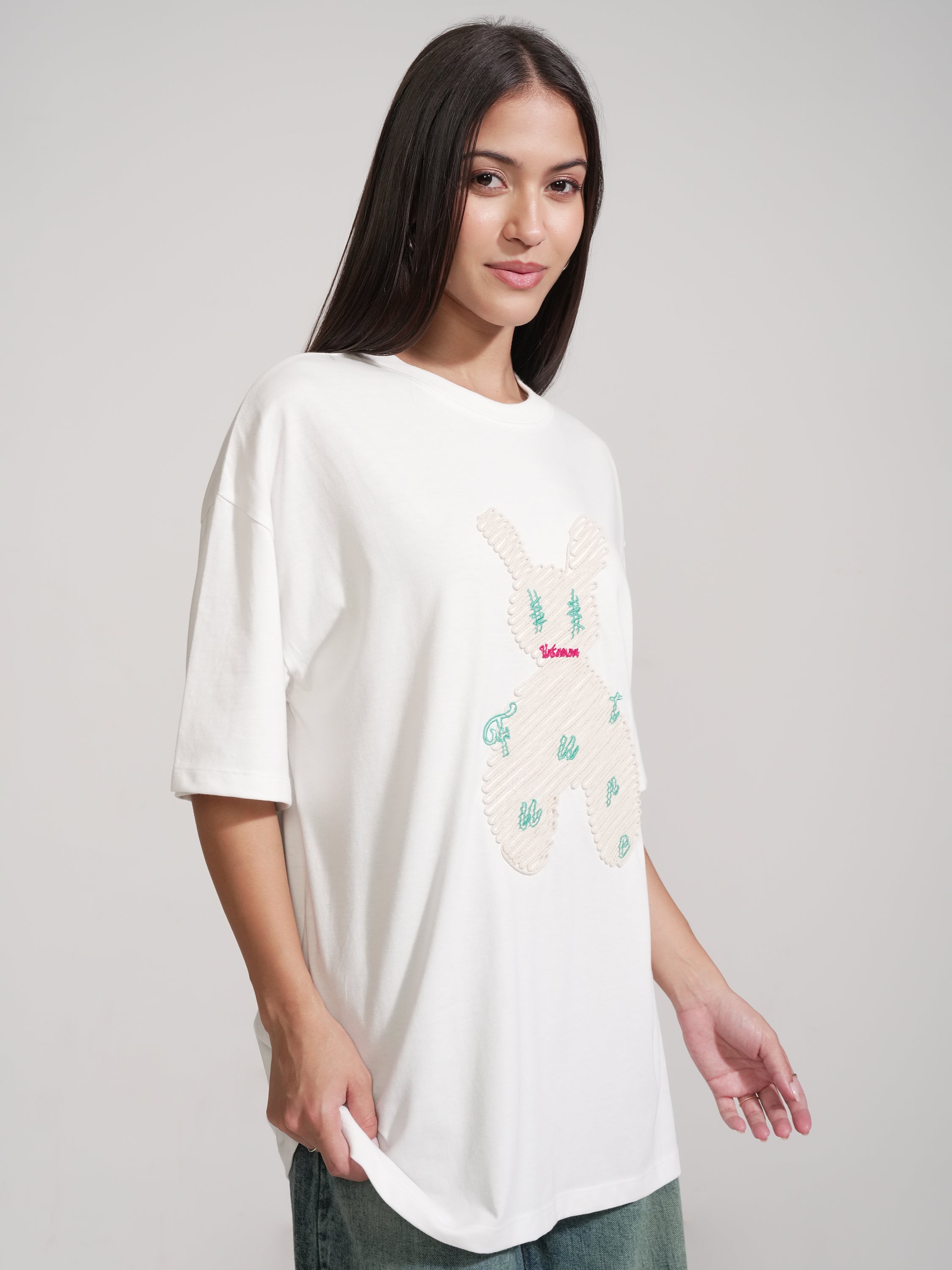 Tokyo Talkies Women White Applique Round Neck Oversized Fit T-Shirt - White - Image 6