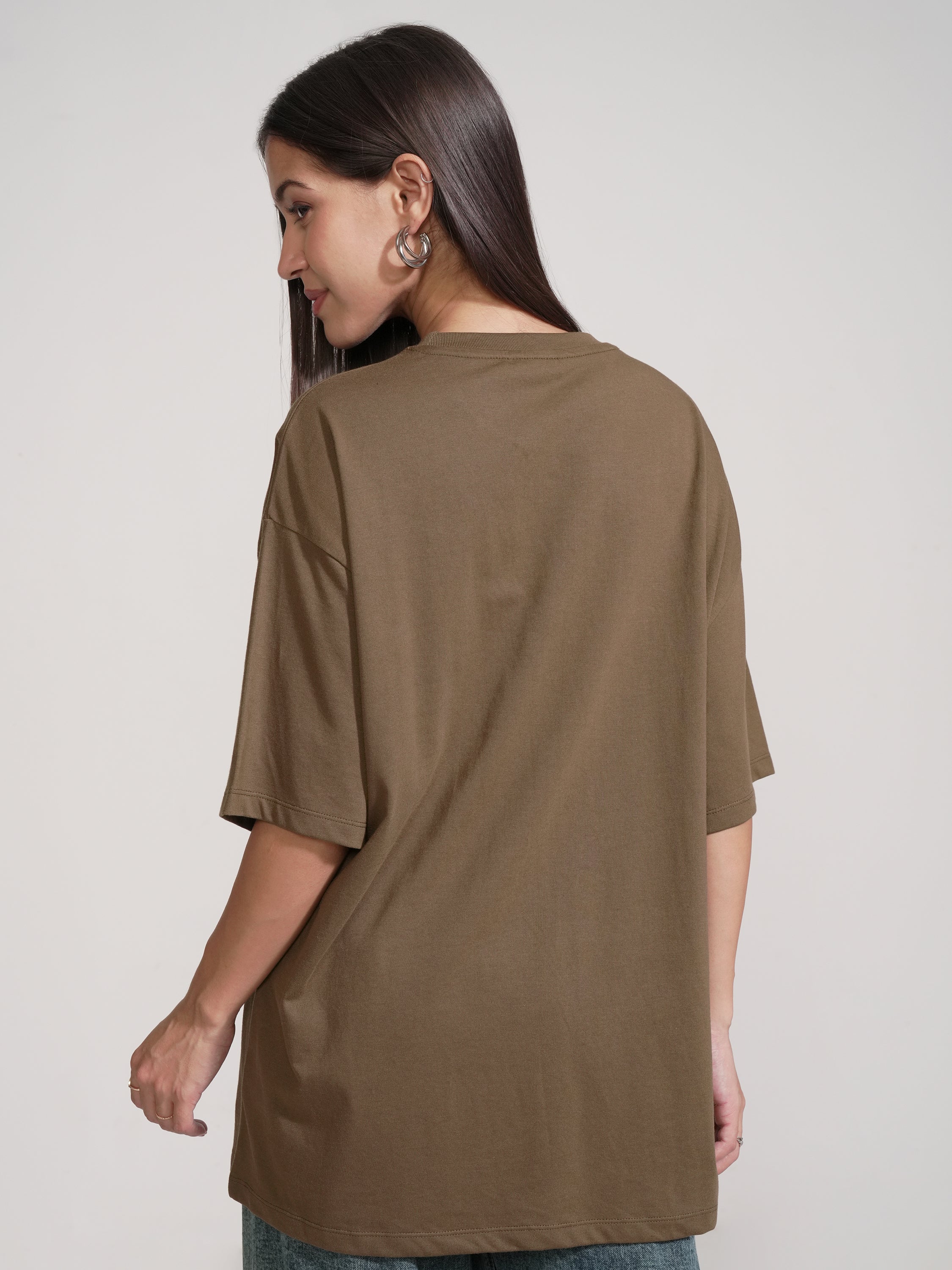 Tokyo Talkies Women Brown Printed Round Neck Oversized Fit T-Shirt - Brown - Image 3