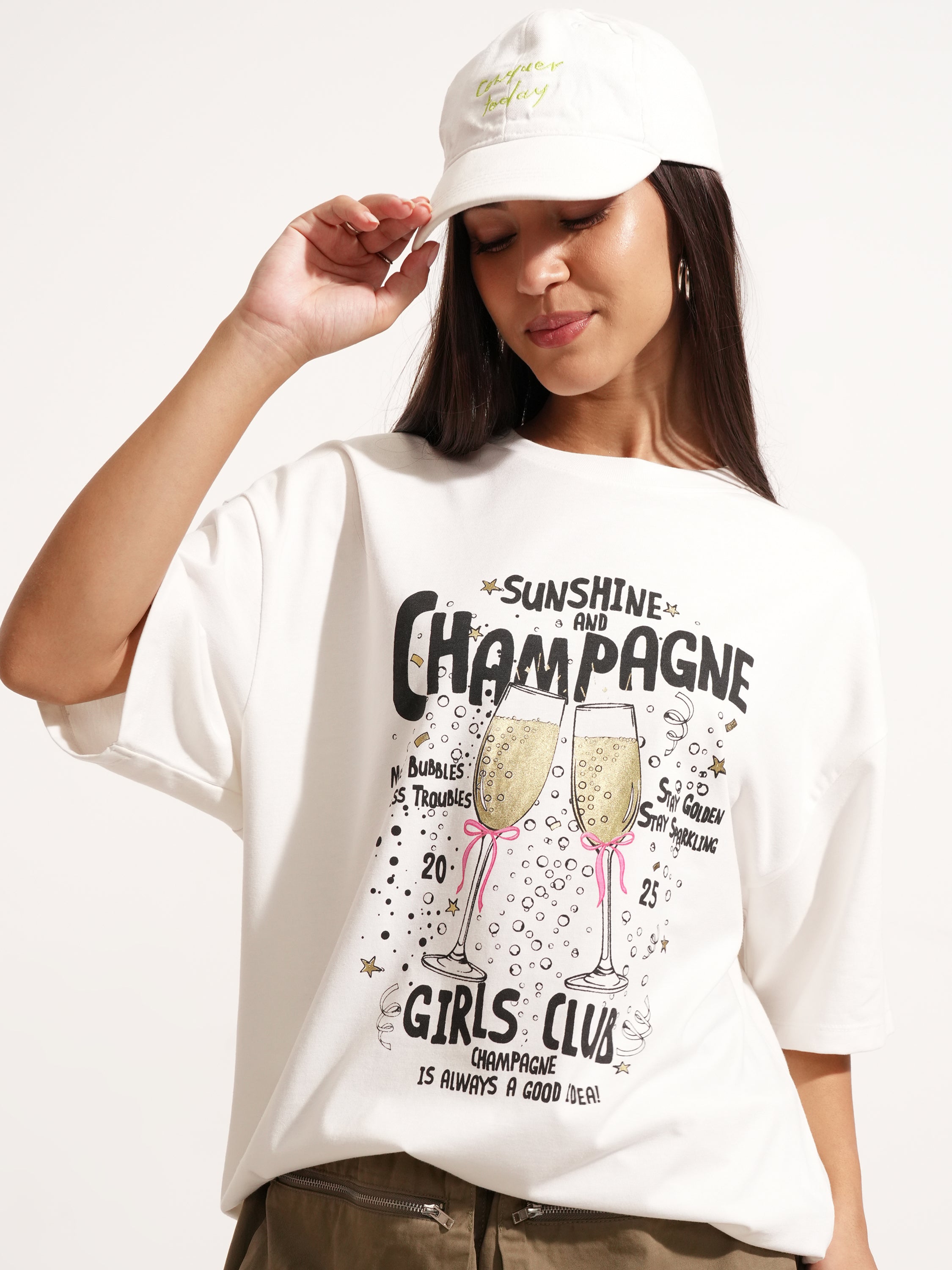 Tokyo Talkies Women White Printed Round Neck Oversized Fit T-Shirt - White - Image 1