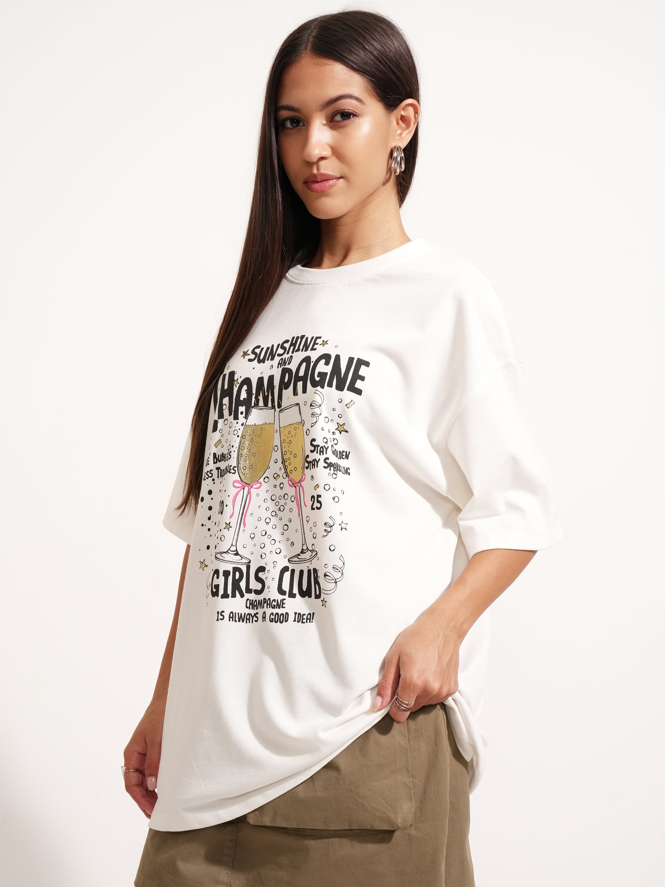 Tokyo Talkies Women White Printed Round Neck Oversized Fit T-Shirt - White - Image 4