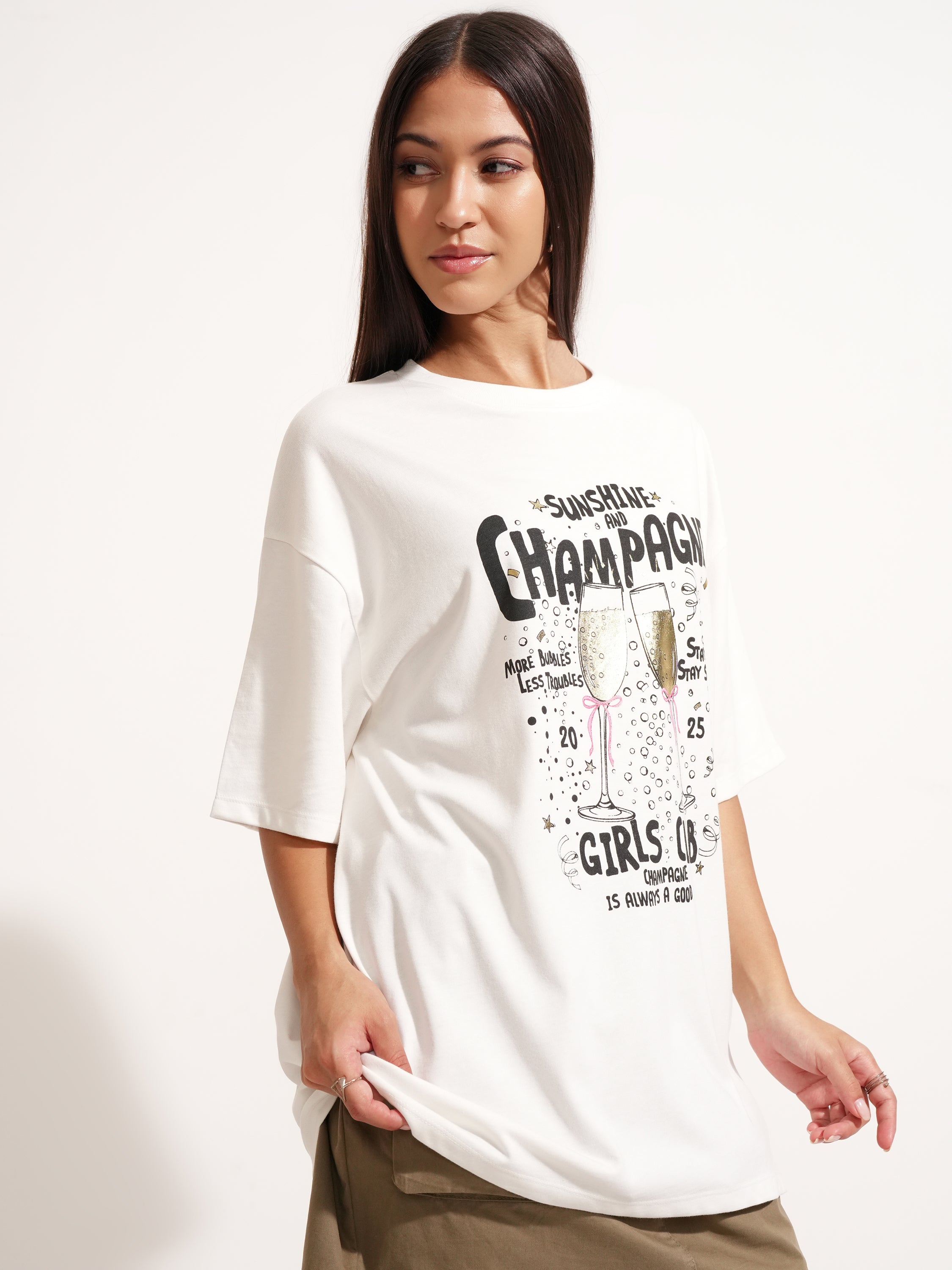 Tokyo Talkies Women White Printed Round Neck Oversized Fit T-Shirt - White - Image 6