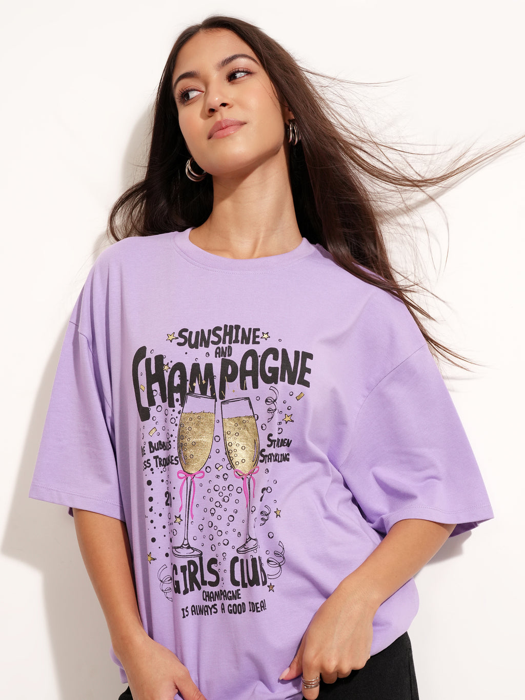 Tokyo Talkies Women Purple Printed Round Neck Oversized Fit T-Shirt - Purple - Image 1