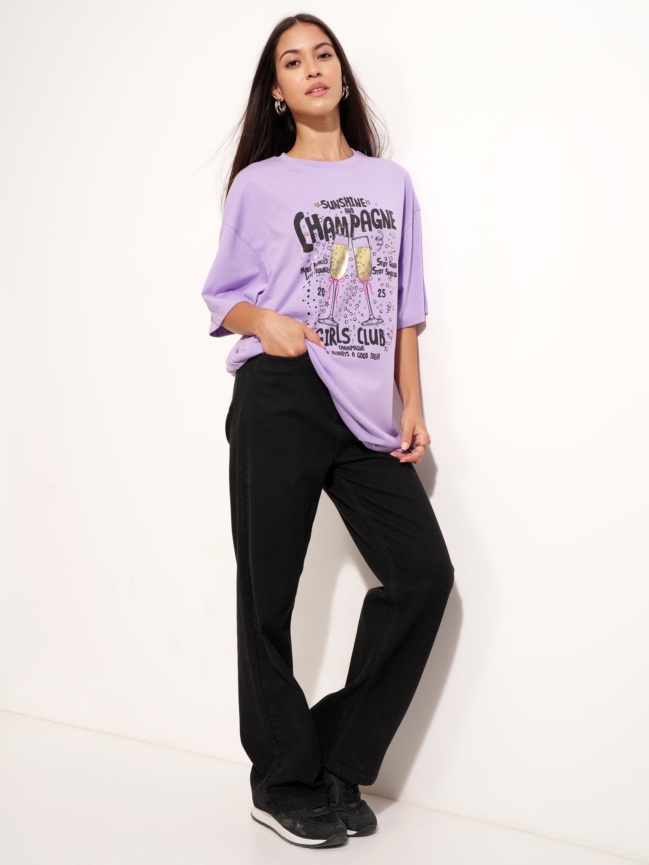 Tokyo Talkies Women Purple Printed Round Neck Oversized Fit T-Shirt - Purple - Image 2