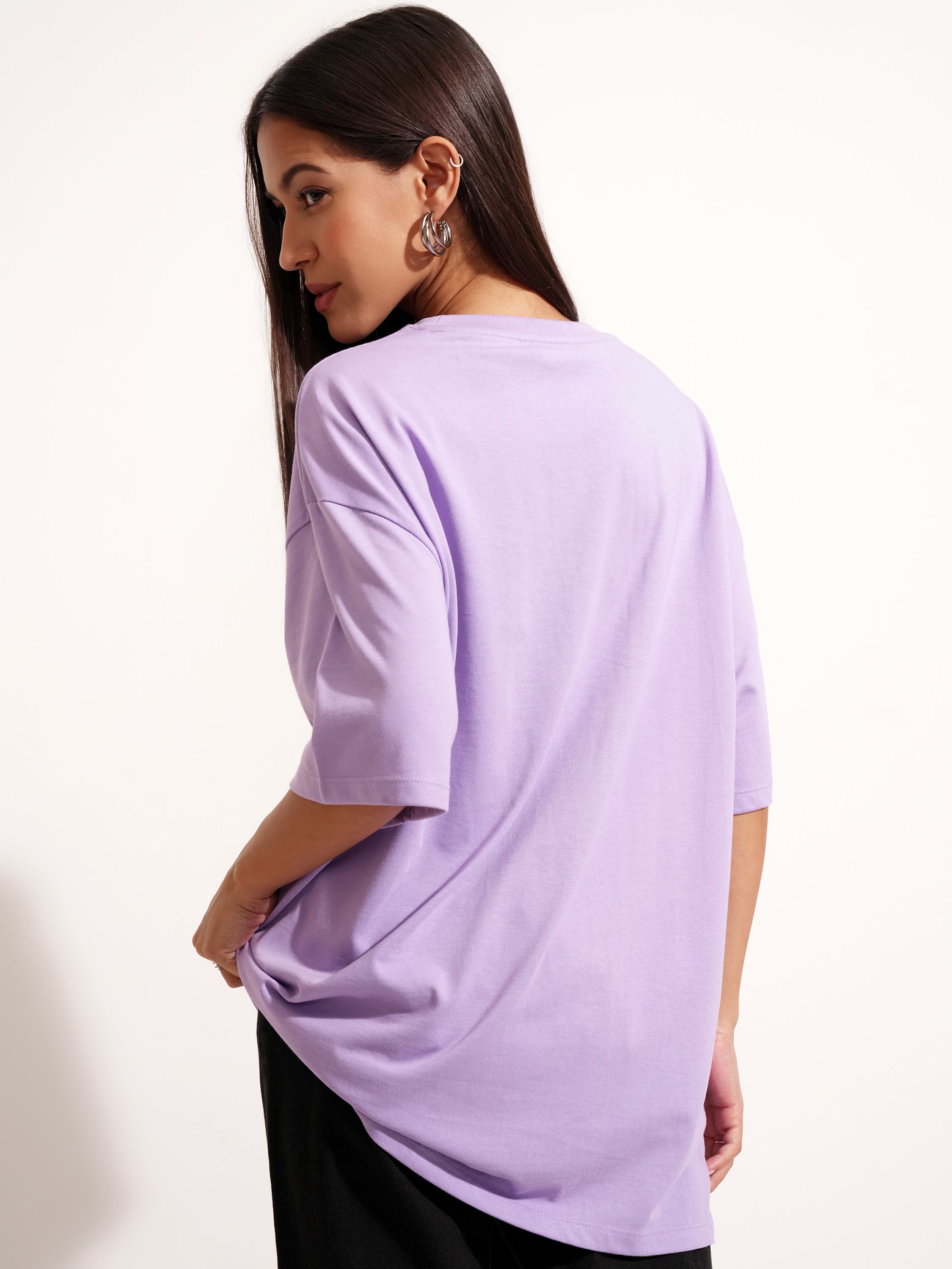 Tokyo Talkies Women Purple Printed Round Neck Oversized Fit T-Shirt - Purple - Image 3