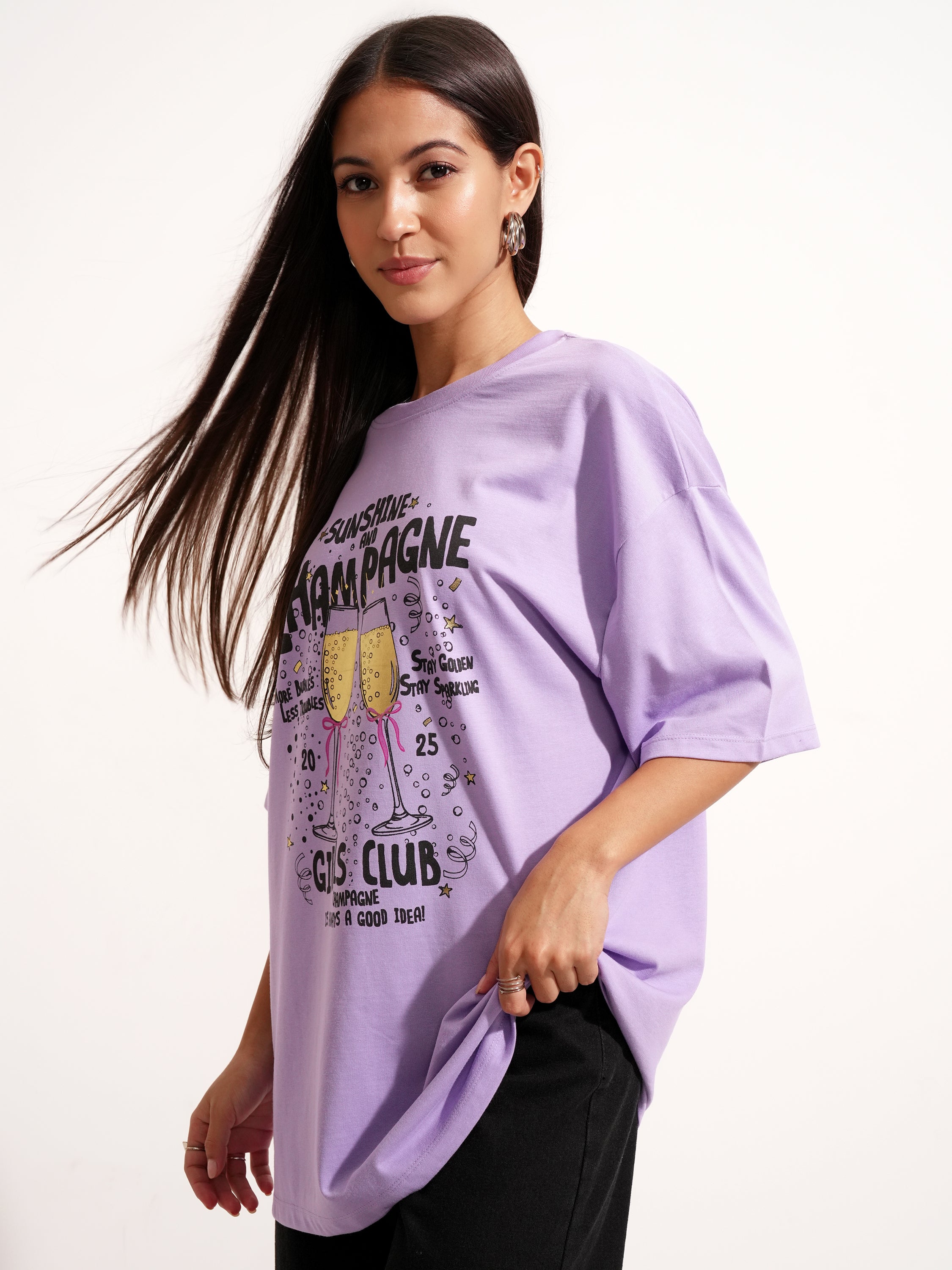 Tokyo Talkies Women Purple Printed Round Neck Oversized Fit T-Shirt - Purple - Image 4