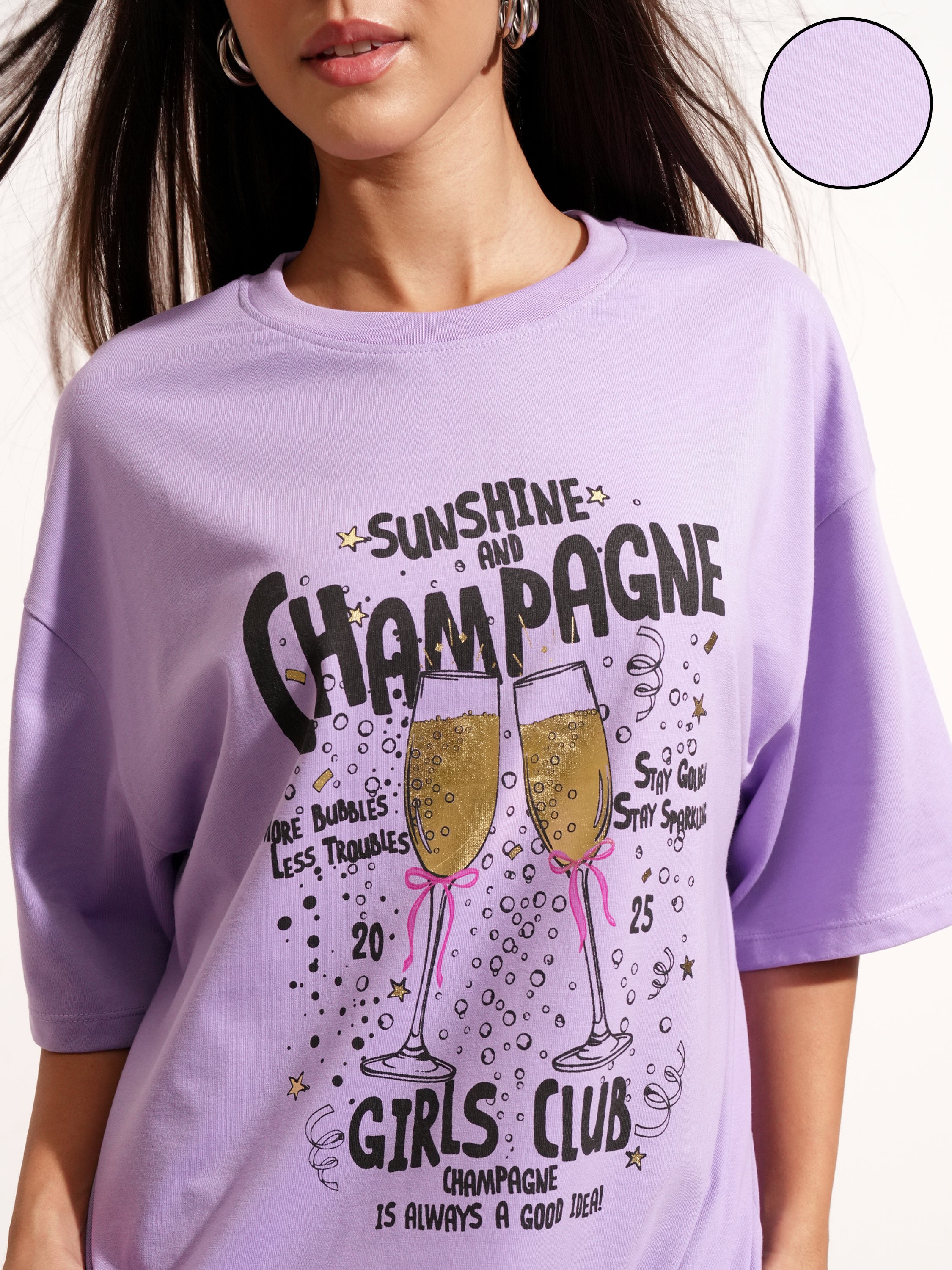 Tokyo Talkies Women Purple Printed Round Neck Oversized Fit T-Shirt - Purple - Image 5