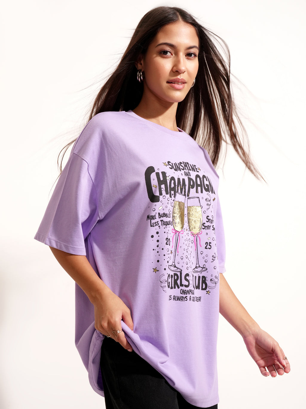 Tokyo Talkies Women Purple Printed Round Neck Oversized Fit T-Shirt - Purple - Image 6