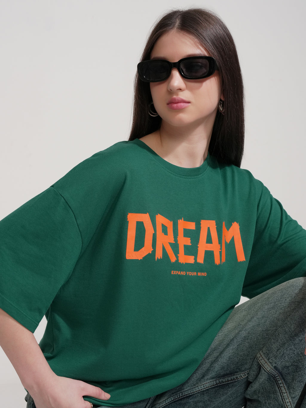 Tokyo Talkies Women Green Printed Round Neck Oversized Fit T-Shirt - Green - Image 1