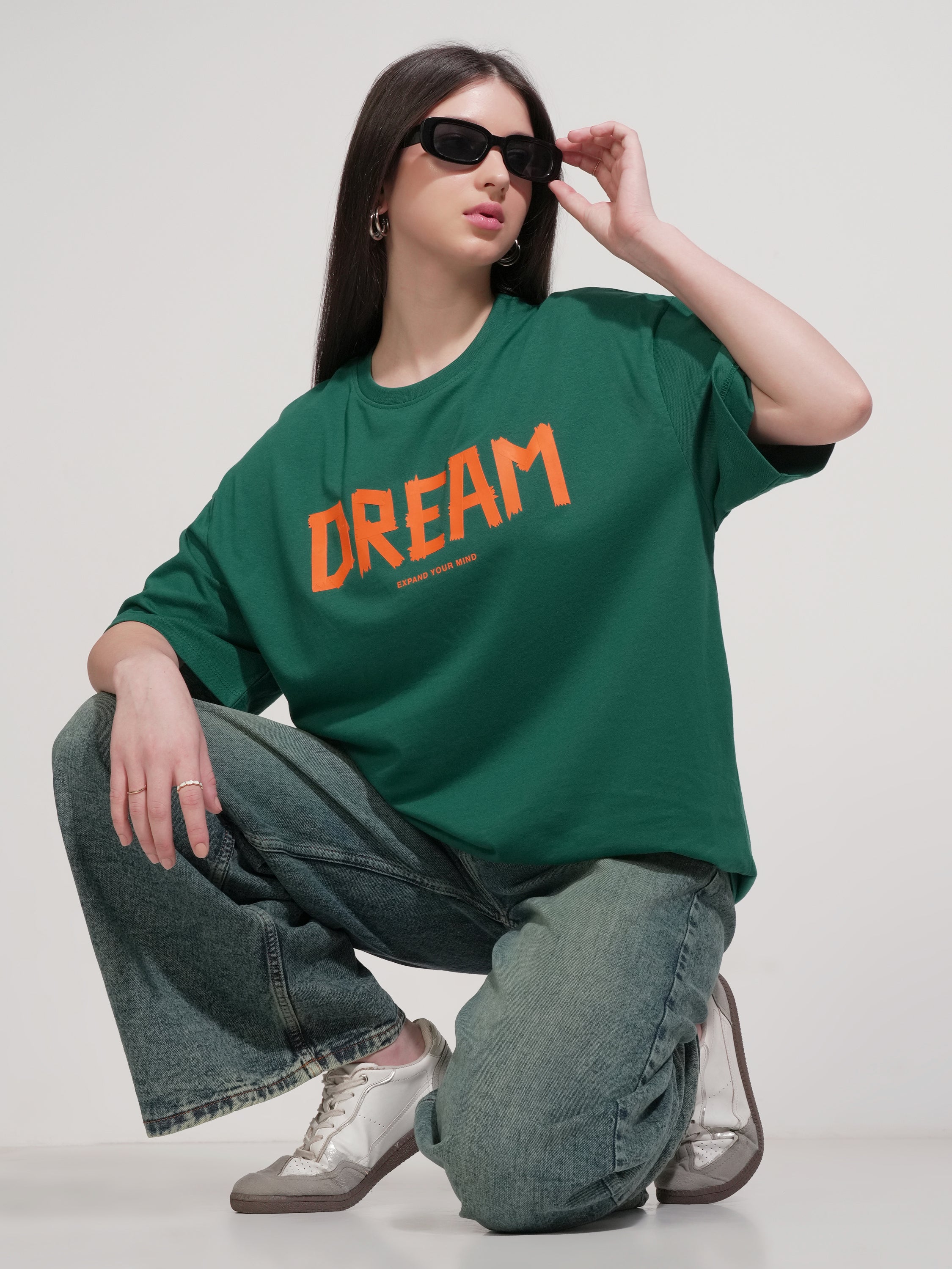 Tokyo Talkies Women Green Printed Round Neck Oversized Fit T-Shirt - Green - Image 2