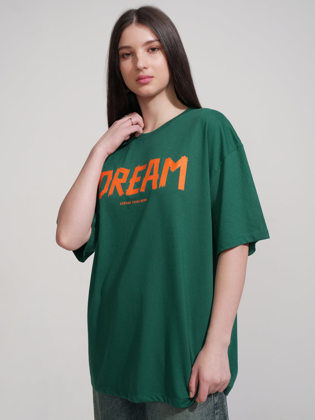 Tokyo Talkies Women Green Printed Round Neck Oversized Fit T-Shirt - Green - Image 4