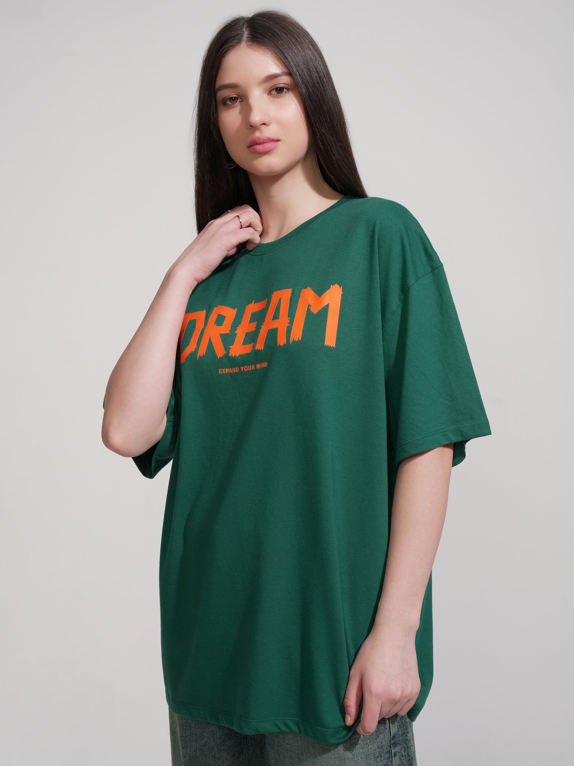 Tokyo Talkies Women Green Printed Round Neck Oversized Fit T-Shirt - Green - Image 4