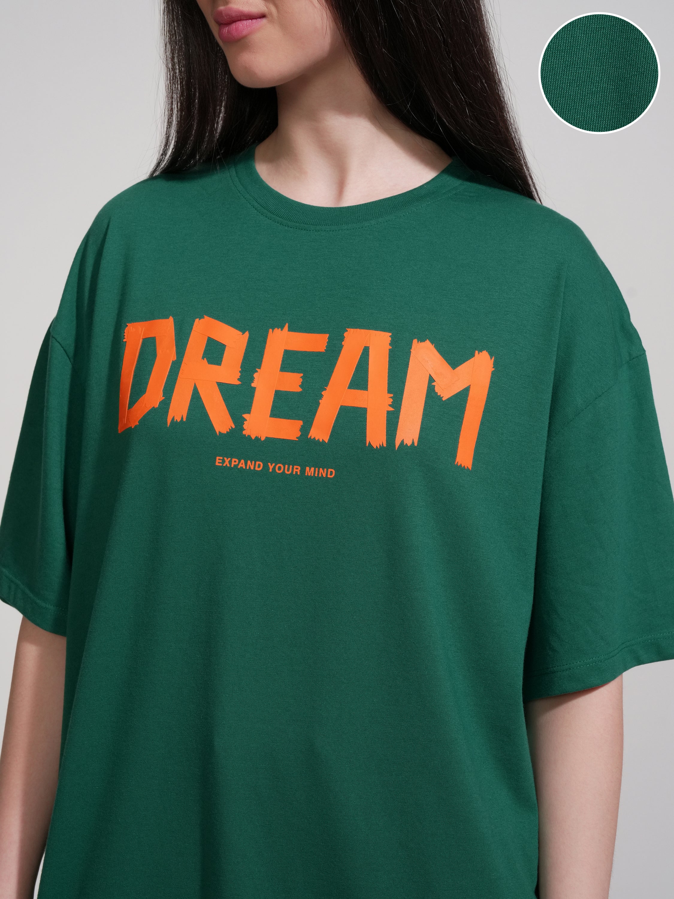 Tokyo Talkies Women Green Printed Round Neck Oversized Fit T-Shirt - Green - Image 5