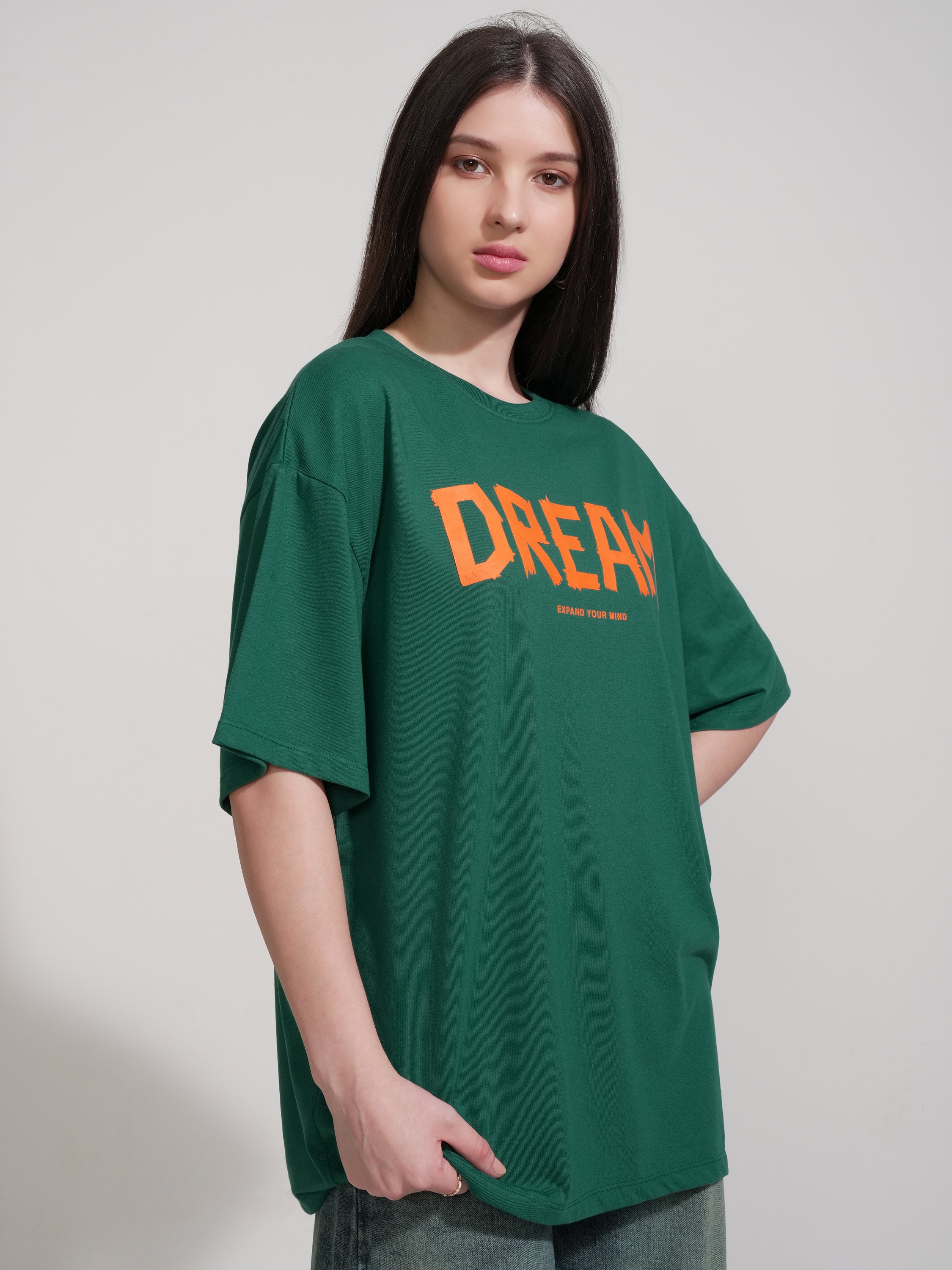 Tokyo Talkies Women Green Printed Round Neck Oversized Fit T-Shirt - Green - Image 6