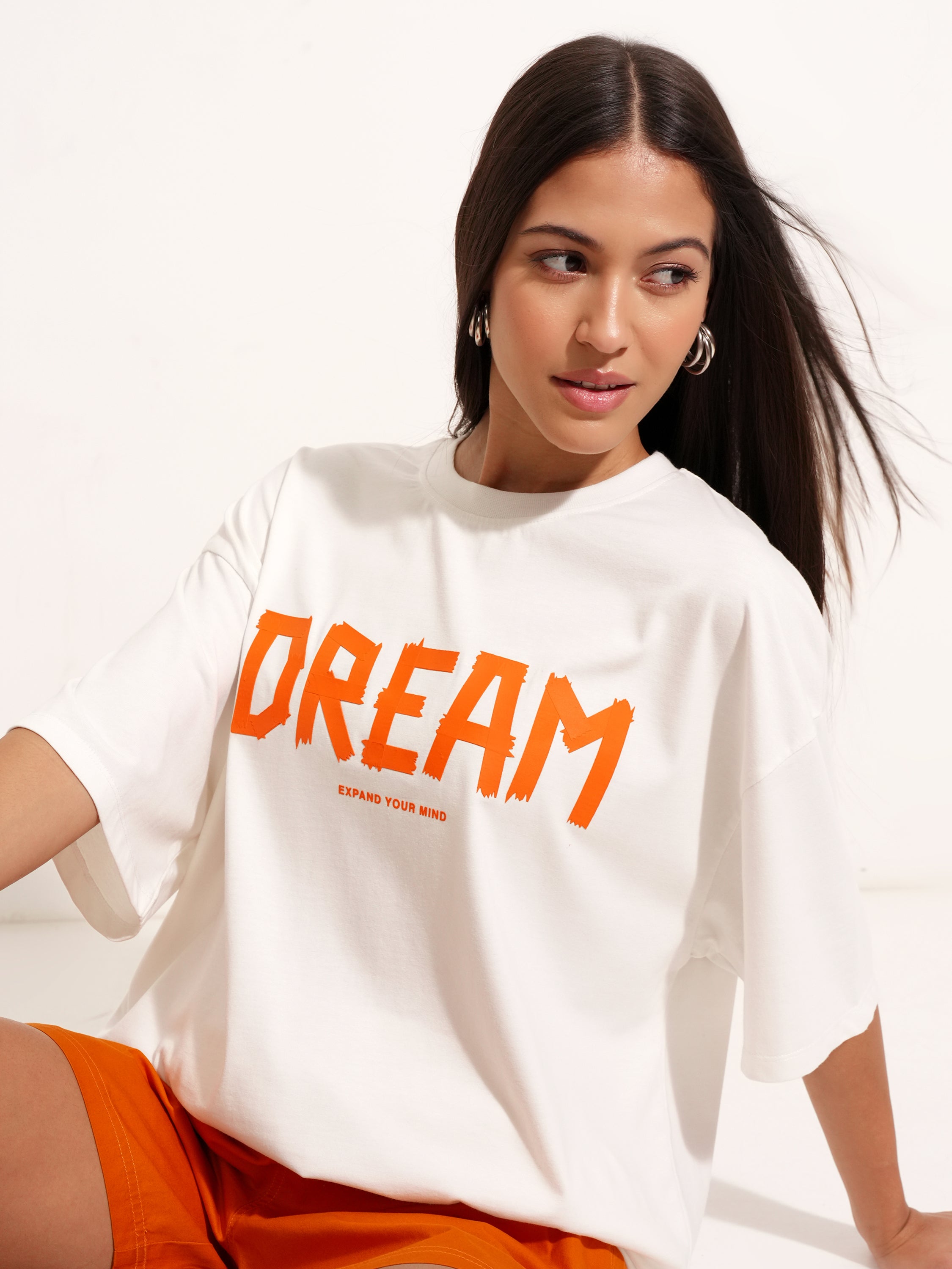 Tokyo Talkies Women White Printed Round Neck Oversized Fit T-Shirt - White - Image 1