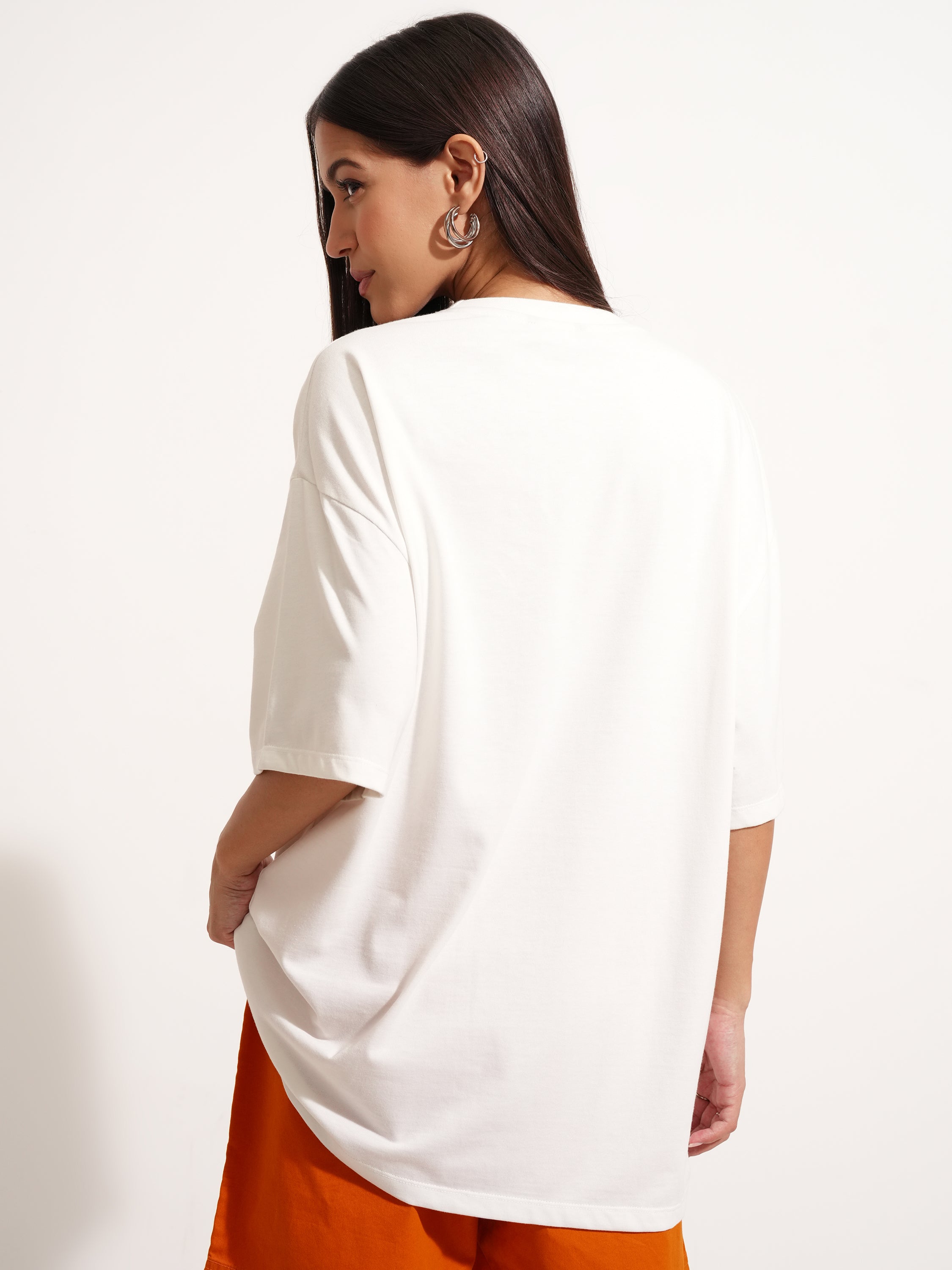 Tokyo Talkies Women White Printed Round Neck Oversized Fit T-Shirt - White - Image 3