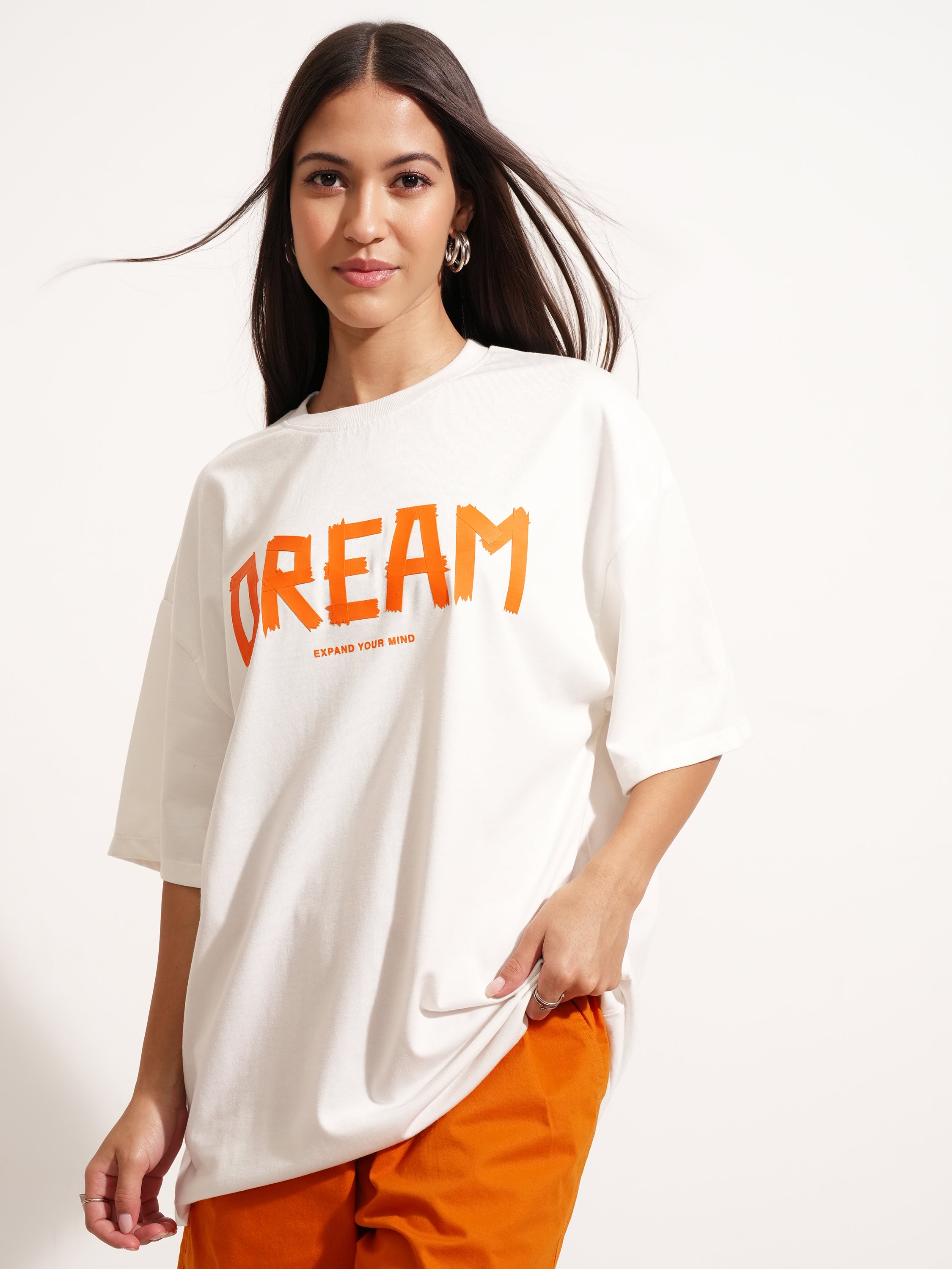 Tokyo Talkies Women White Printed Round Neck Oversized Fit T-Shirt - White - Image 4