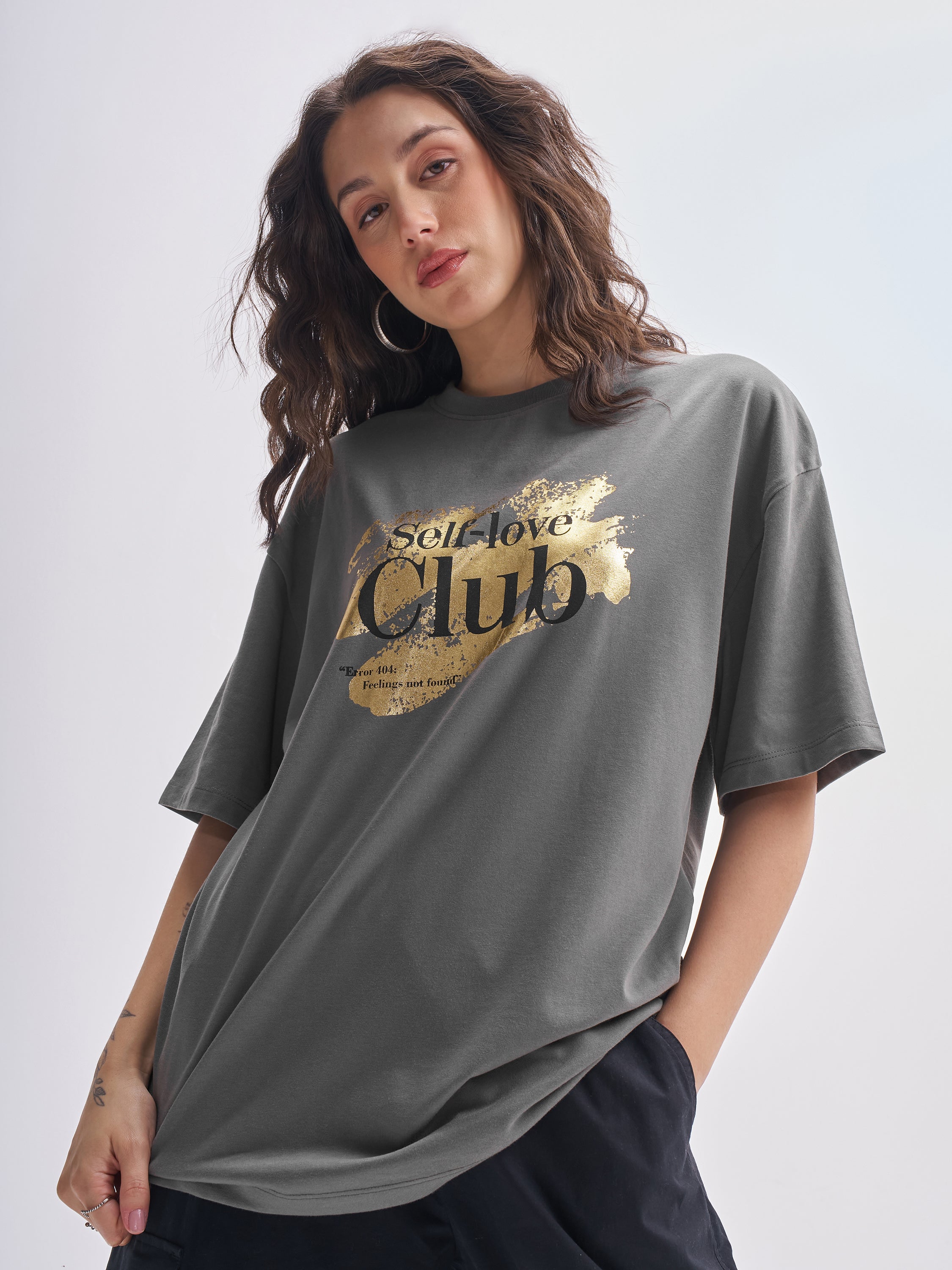 Tokyo Talkies Women Grey Printed Round Neck Oversized Fit T-Shirt - Grey - Image 1