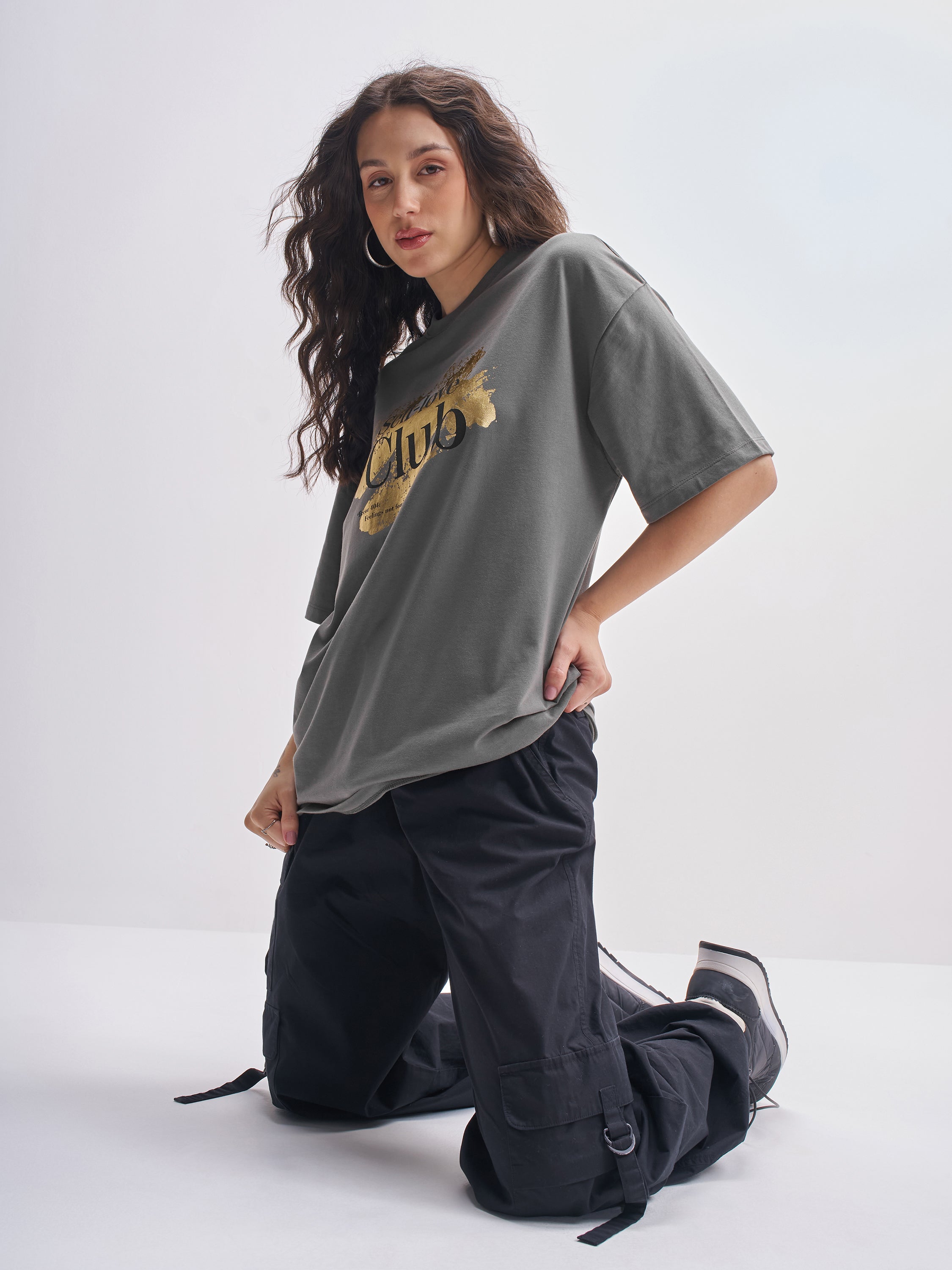 Tokyo Talkies Women Grey Printed Round Neck Oversized Fit T-Shirt - Grey - Image 2