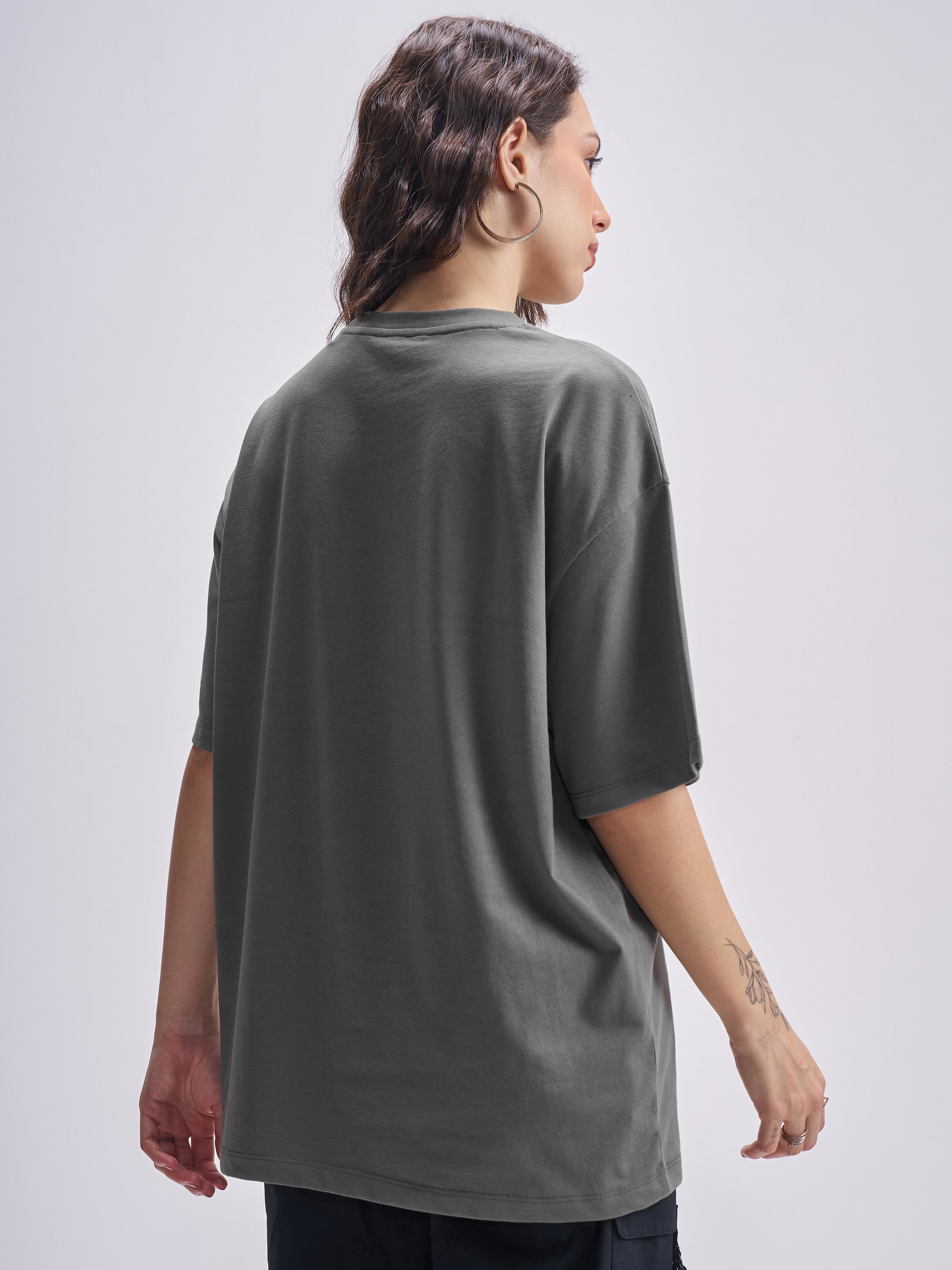 Tokyo Talkies Women Grey Printed Round Neck Oversized Fit T-Shirt - Grey - Image 3
