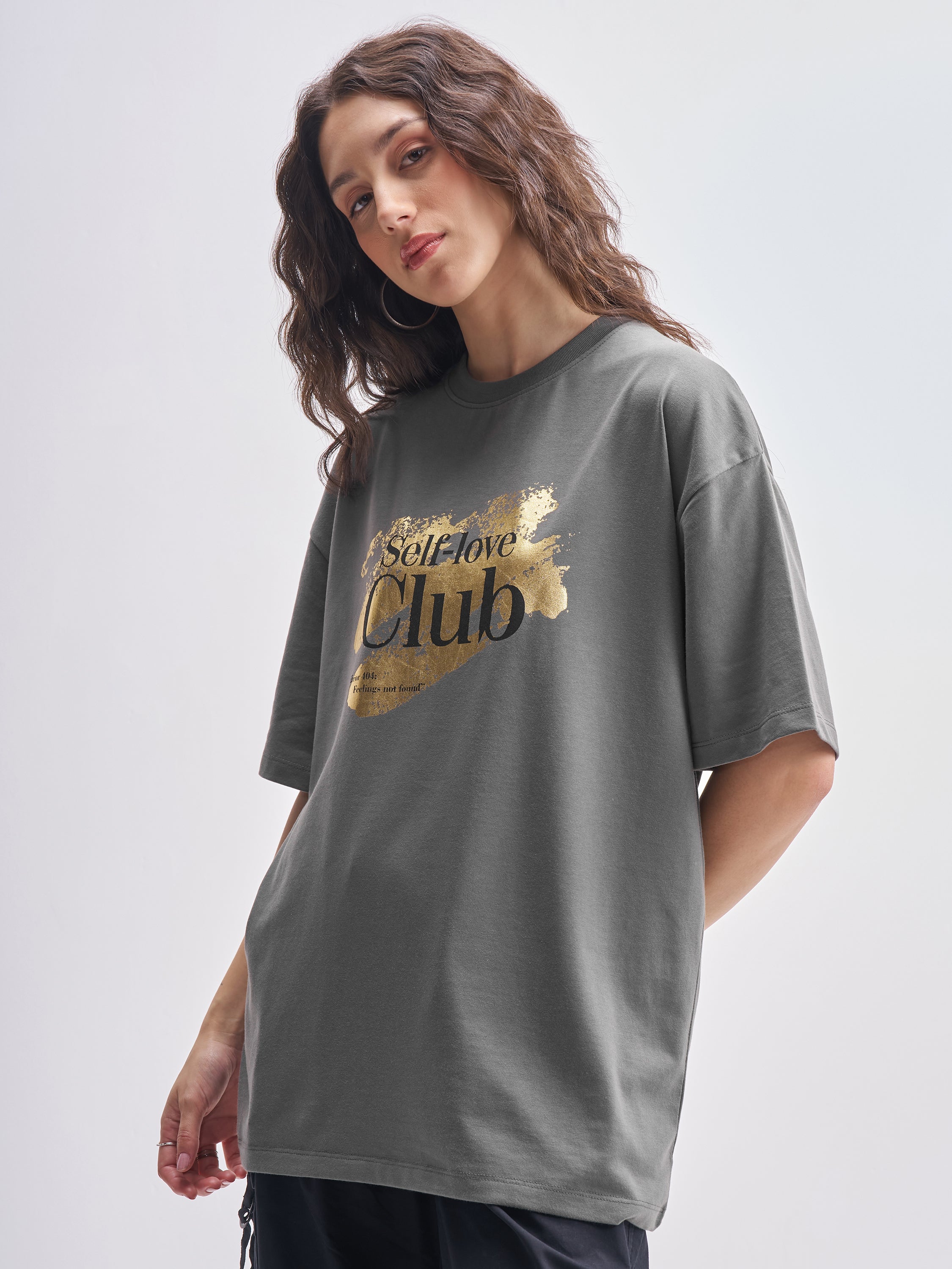 Tokyo Talkies Women Grey Printed Round Neck Oversized Fit T-Shirt - Grey - Image 4