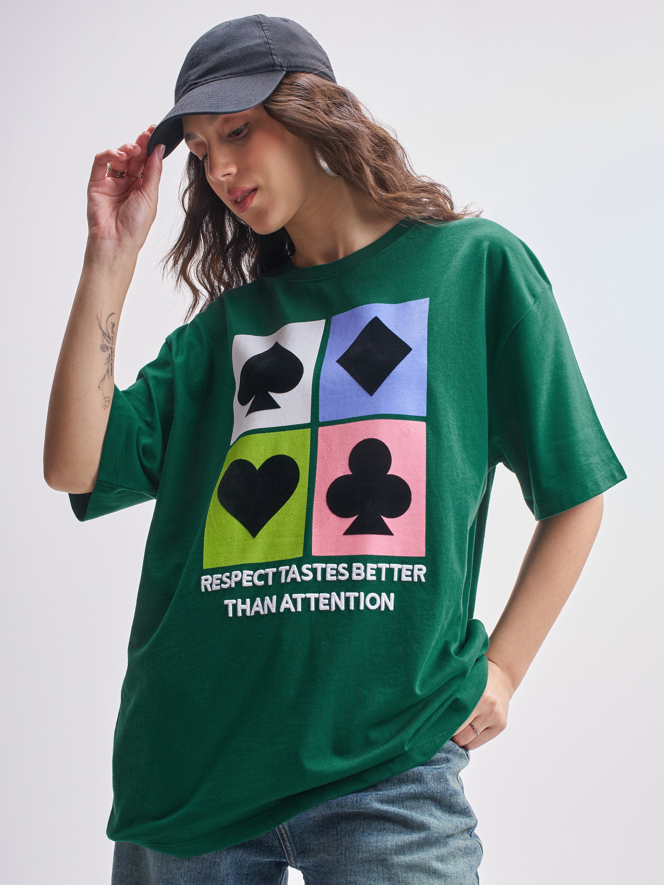 Tokyo Talkies Women Green Printed Round Neck Oversized Fit T-Shirt - Green - Image 1