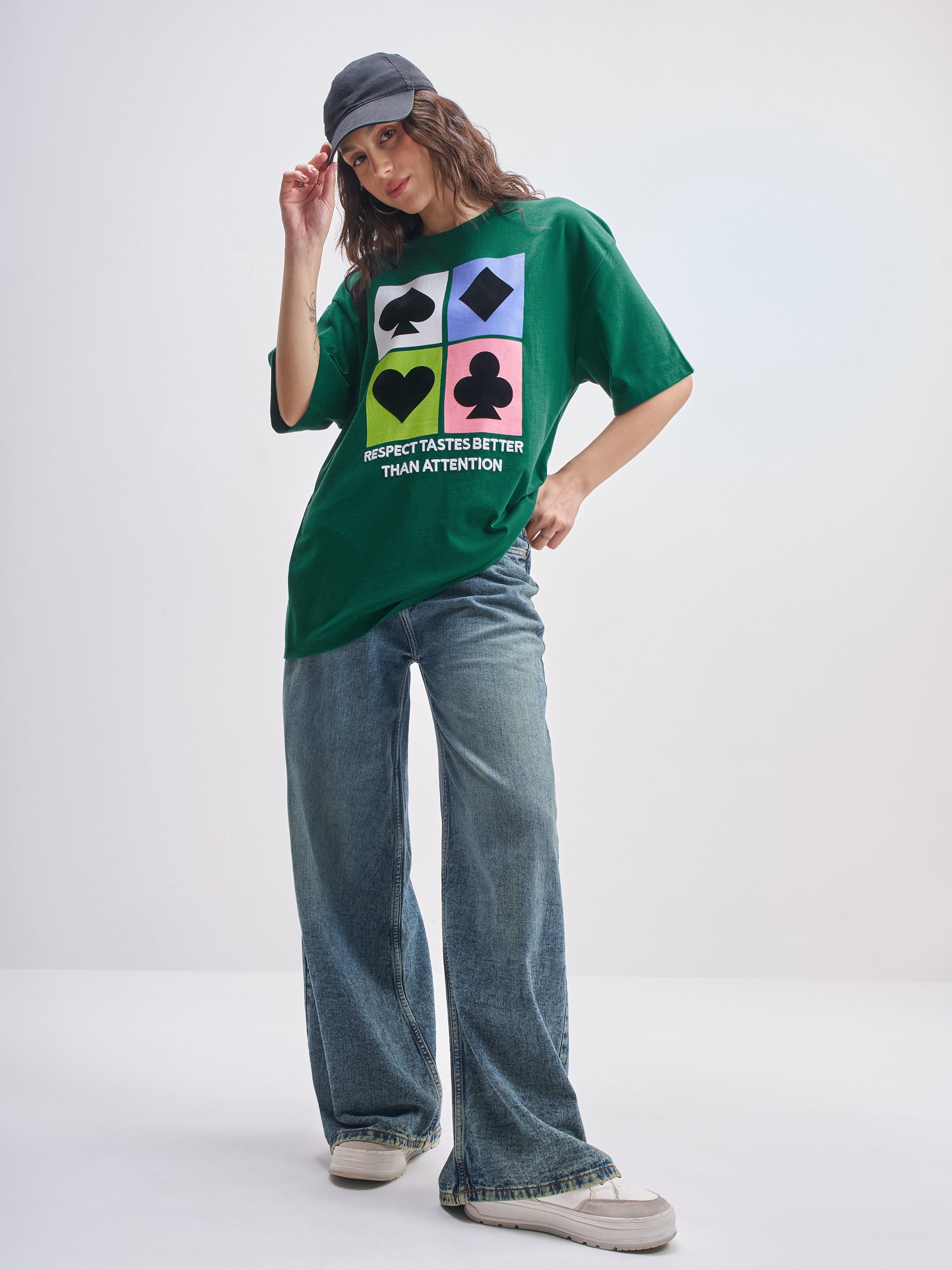 Tokyo Talkies Women Green Printed Round Neck Oversized Fit T-Shirt - Green - Image 2