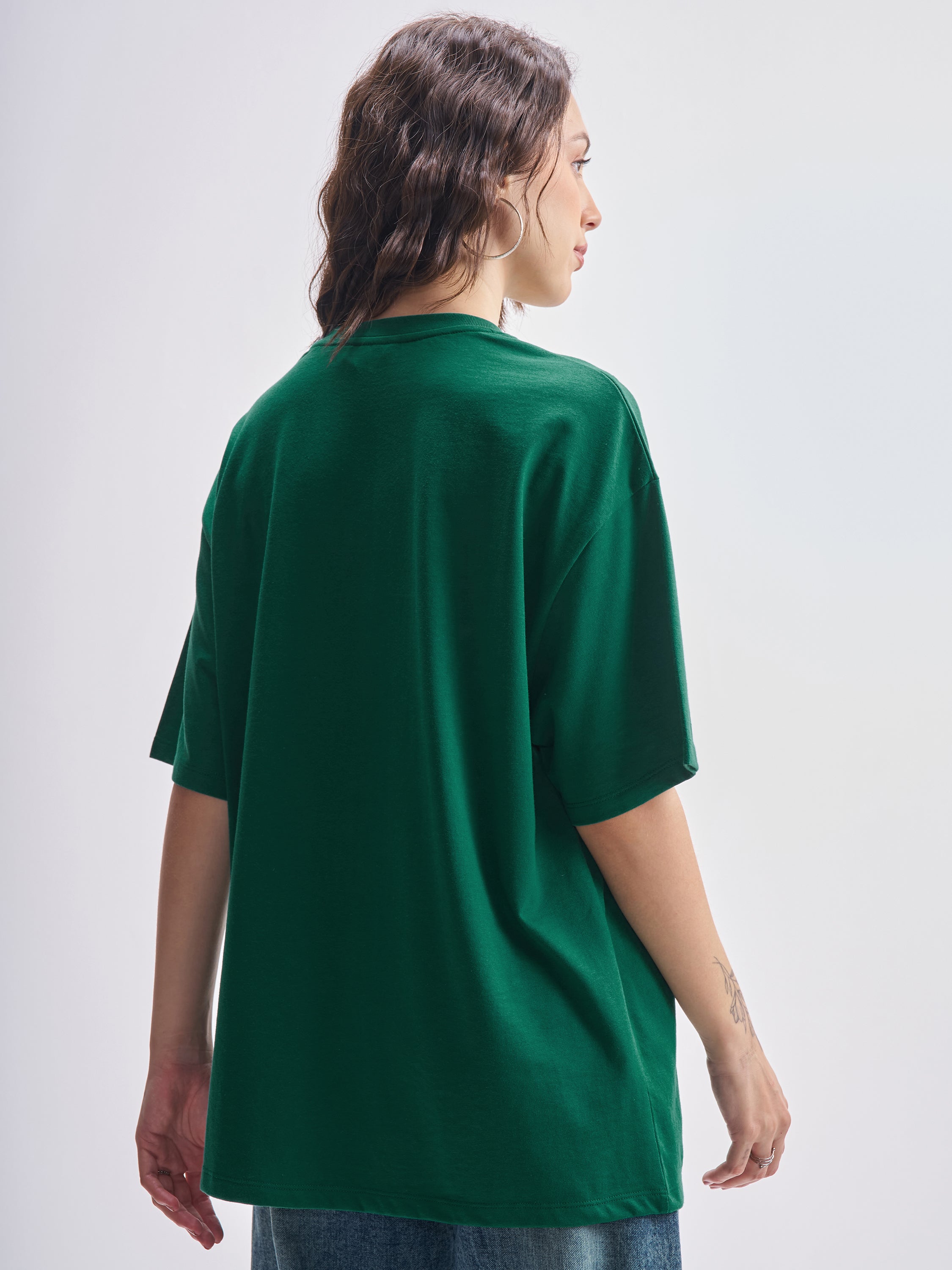 Tokyo Talkies Women Green Printed Round Neck Oversized Fit T-Shirt - Green - Image 3