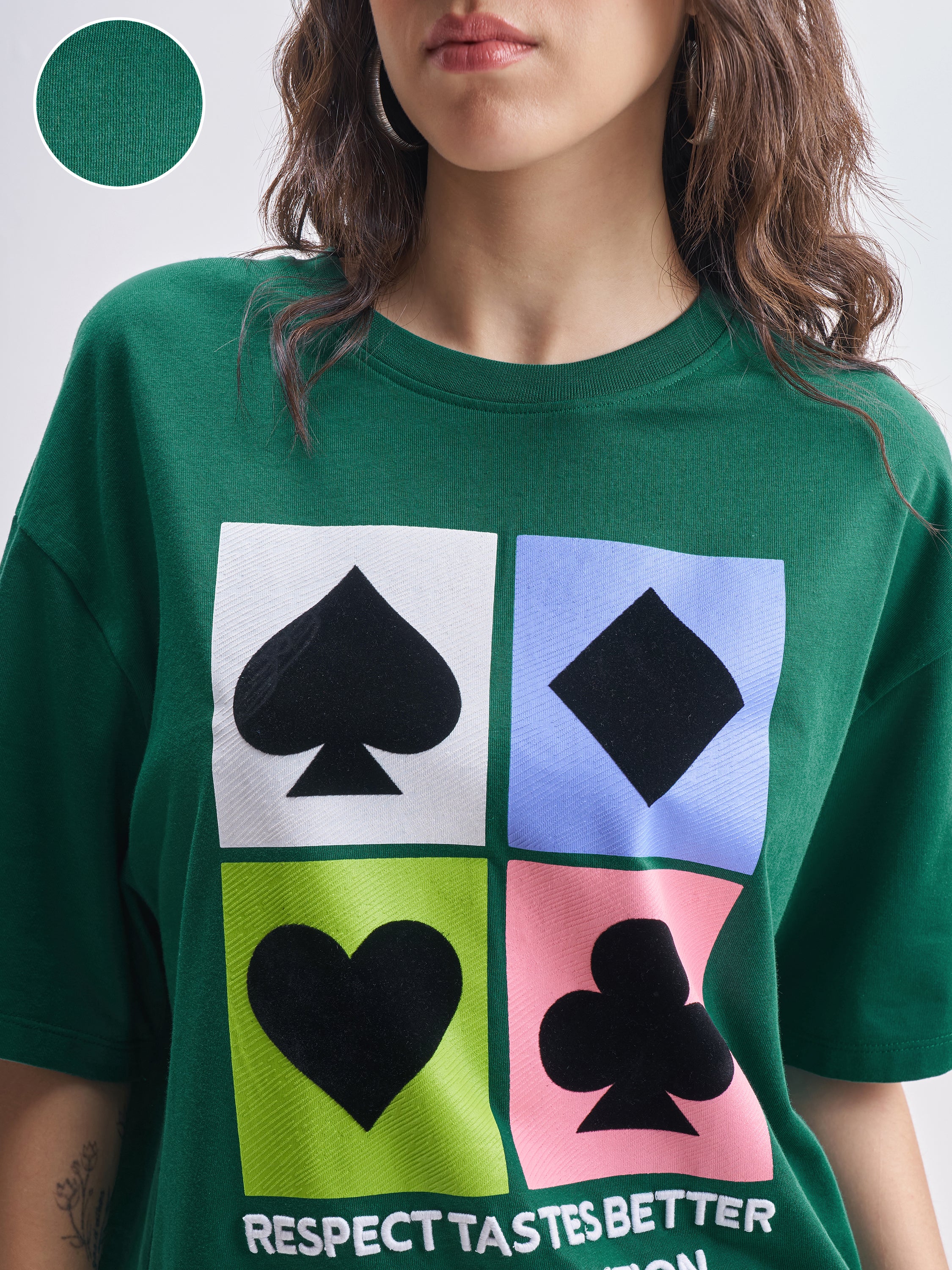 Tokyo Talkies Women Green Printed Round Neck Oversized Fit T-Shirt - Green - Image 5