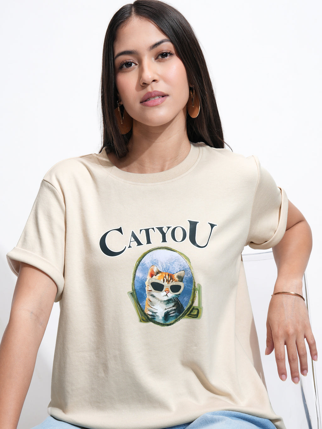 Tokyo Talkies Women Beige Printed Round Neck T-Shirt - Beige - Image 1