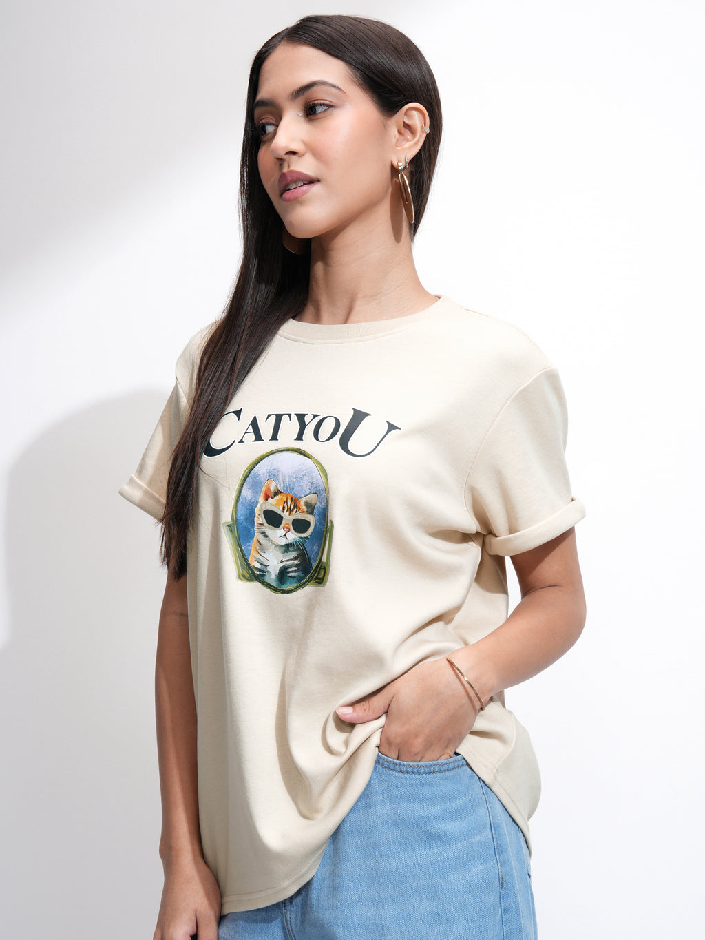 Tokyo Talkies Women Beige Printed Round Neck T-Shirt - Beige - Image 4