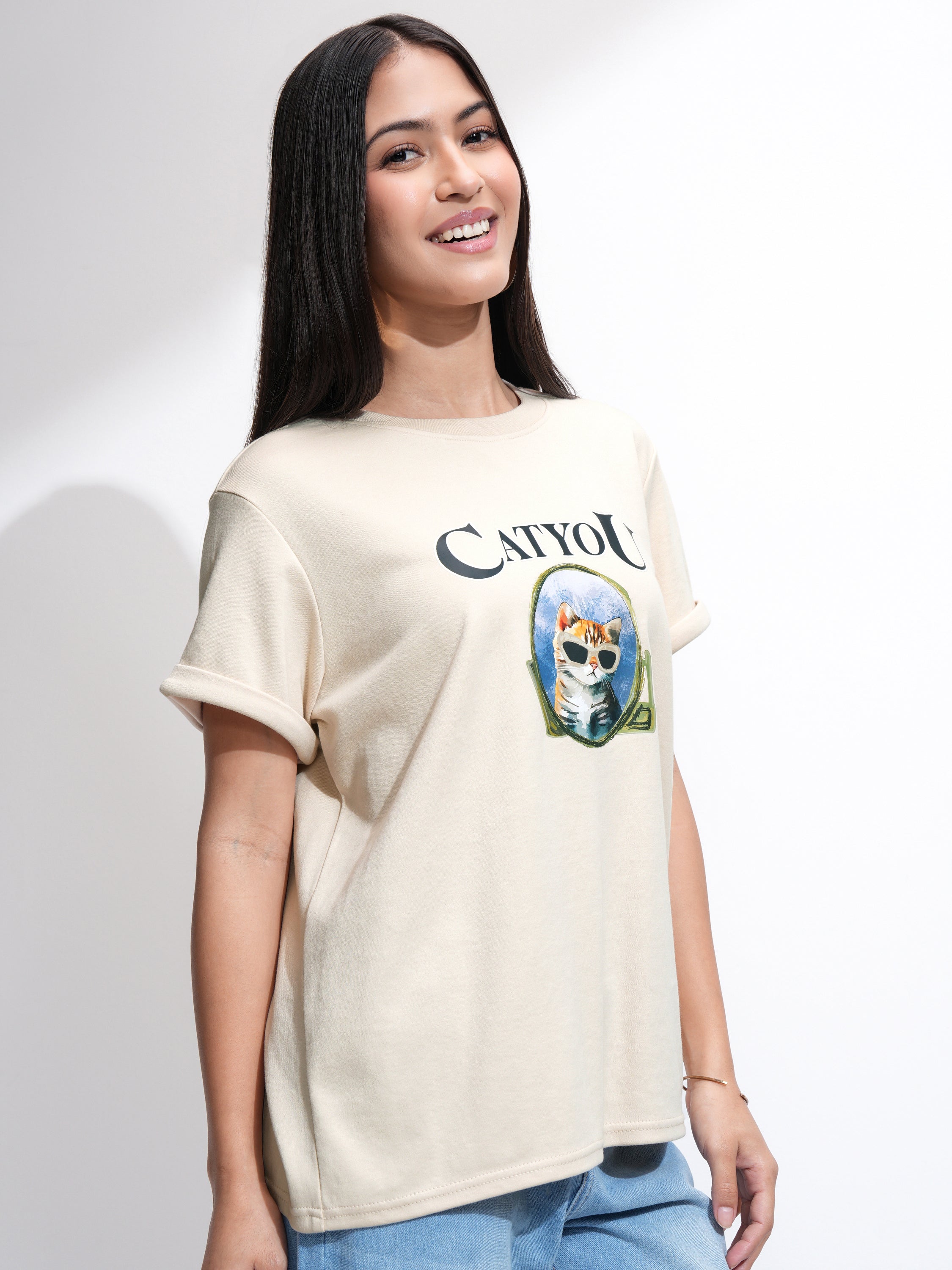 Tokyo Talkies Women Beige Printed Round Neck T-Shirt - Beige - Image 6