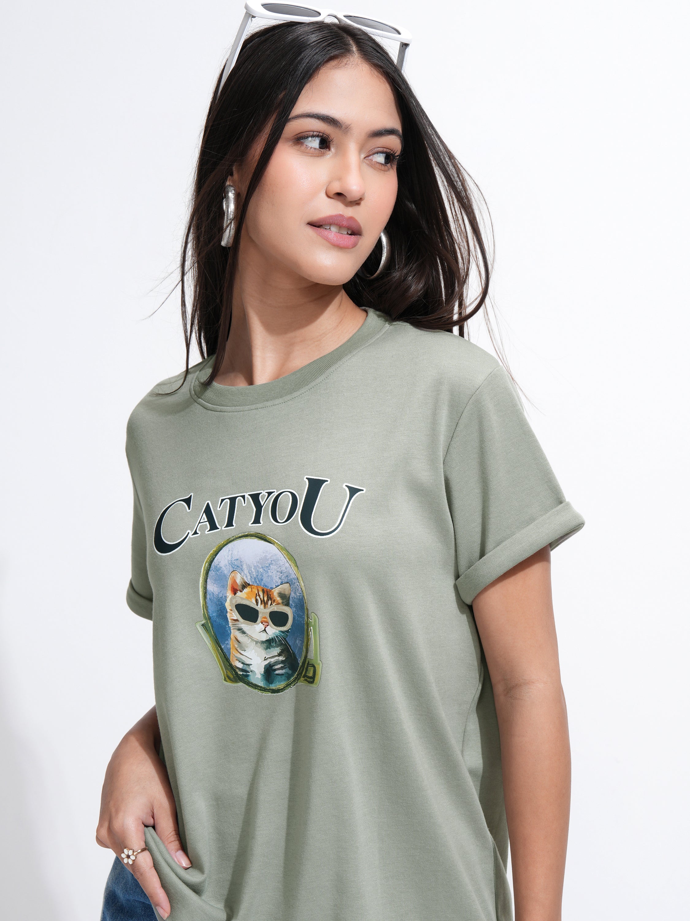 Tokyo Talkies Women Olive Printed Round Neck T-Shirt - Olive - Image 1