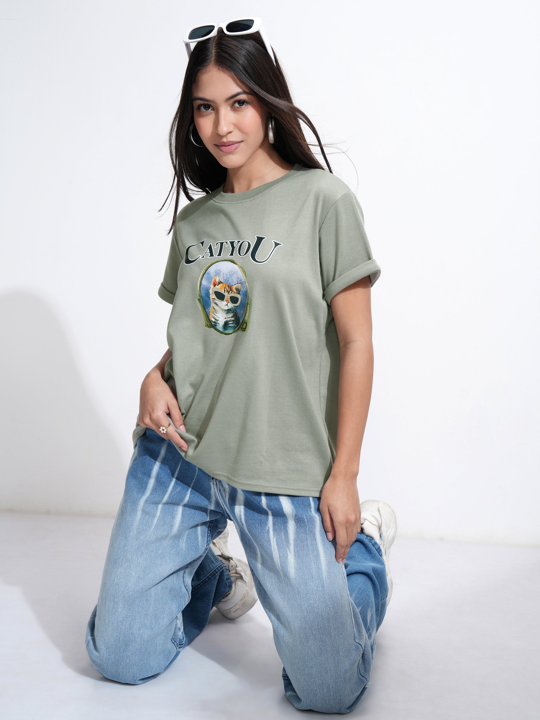 Tokyo Talkies Women Olive Printed Round Neck T-Shirt - Olive - Image 2