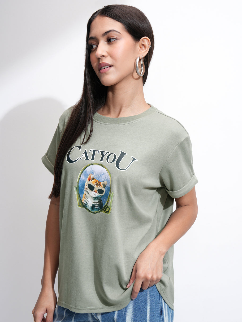 Tokyo Talkies Women Olive Printed Round Neck T-Shirt - Olive - Image 4