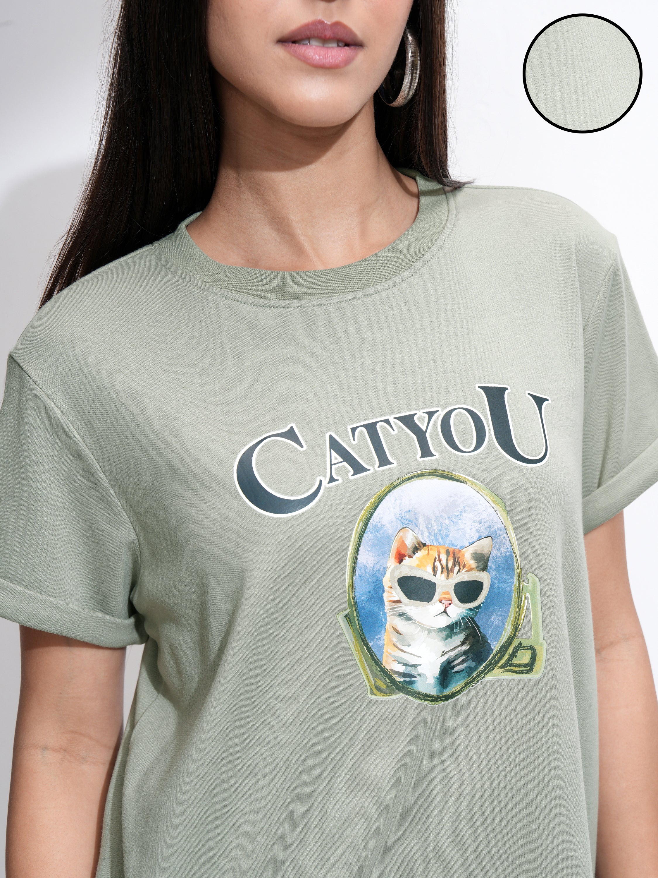 Tokyo Talkies Women Olive Printed Round Neck T-Shirt - Olive - Image 5