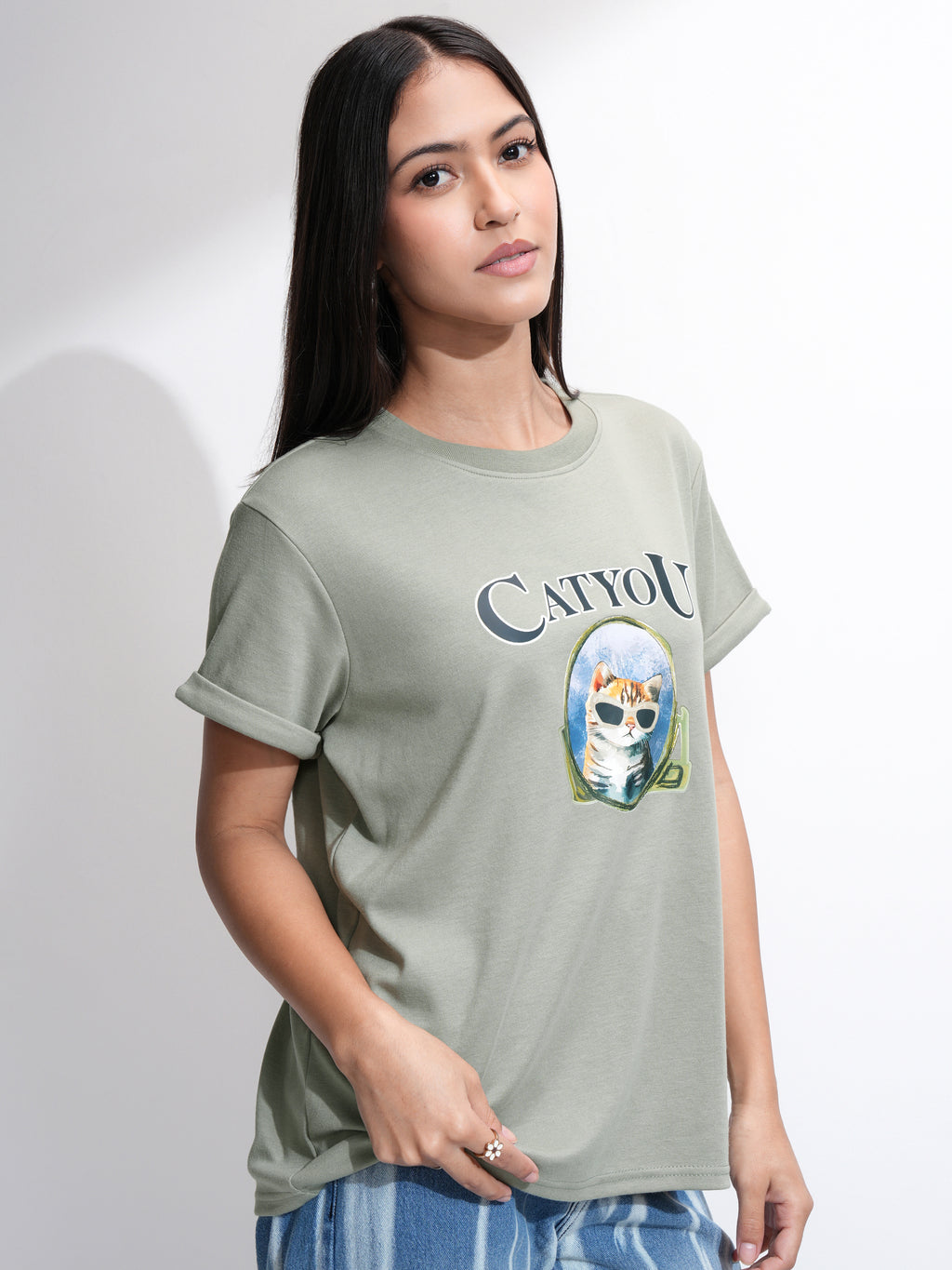 Tokyo Talkies Women Olive Printed Round Neck T-Shirt - Olive - Image 6