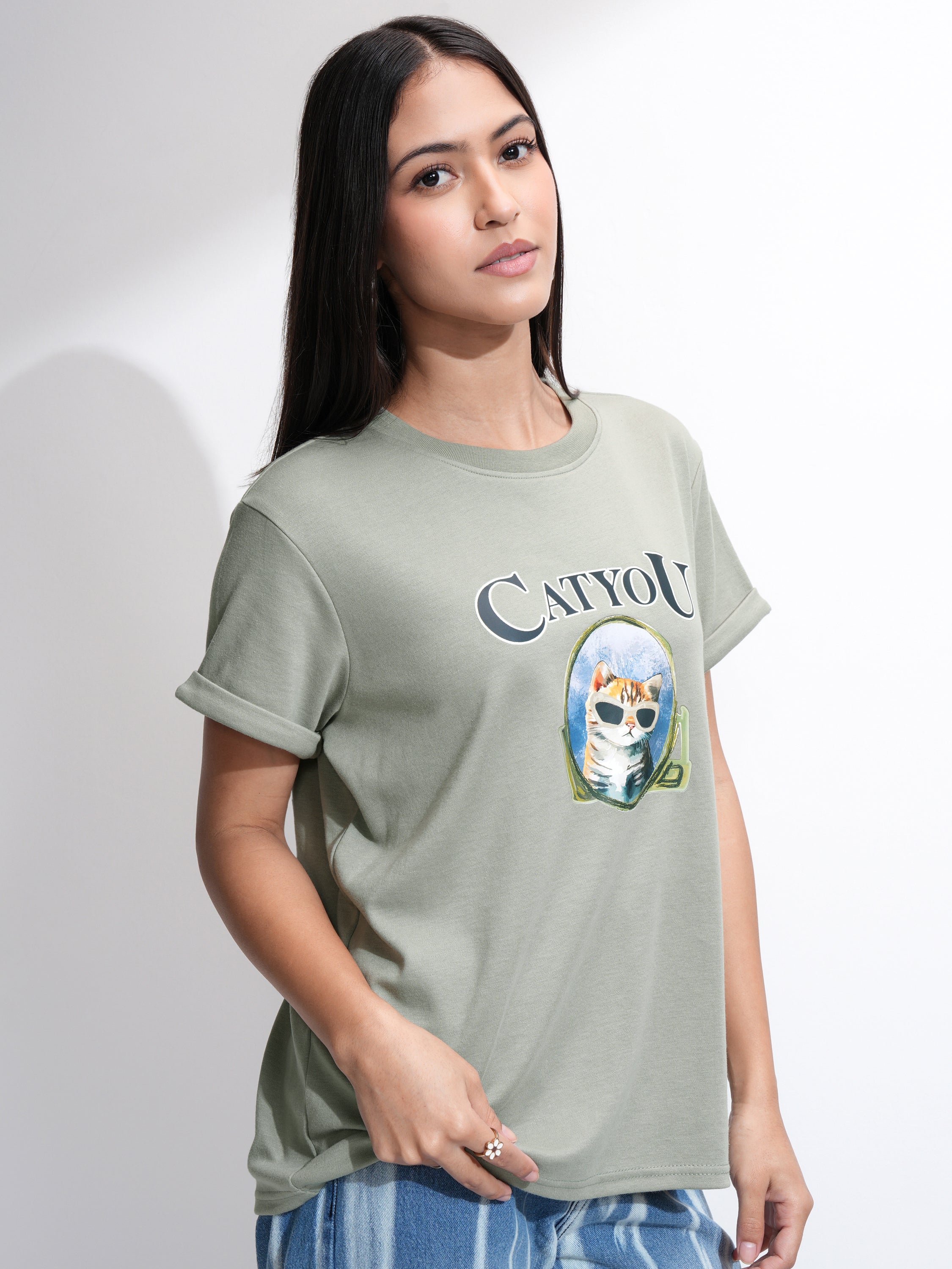 Tokyo Talkies Women Olive Printed Round Neck T-Shirt - Olive - Image 6