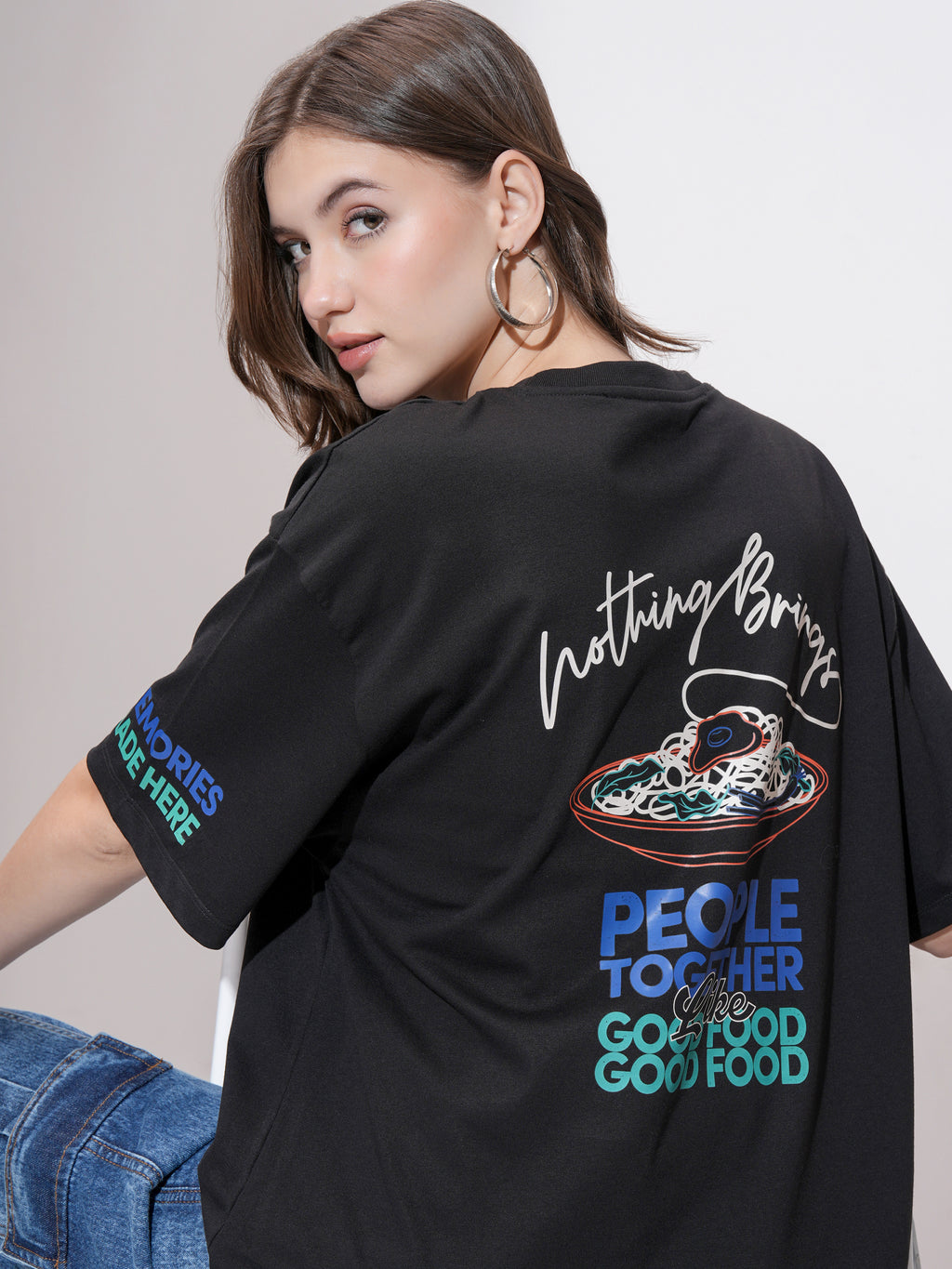 Tokyo Talkies Women Black Printed Round Neck Oversized Fit T-Shirt - Black - Image 1